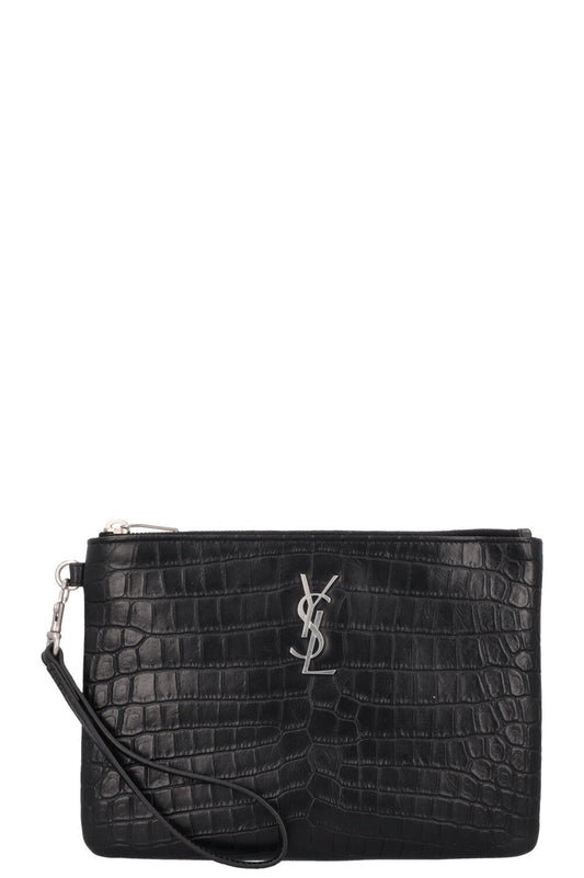 YSL Saint Laurent Cassandre Pochette Croc Black Embossed Handbag