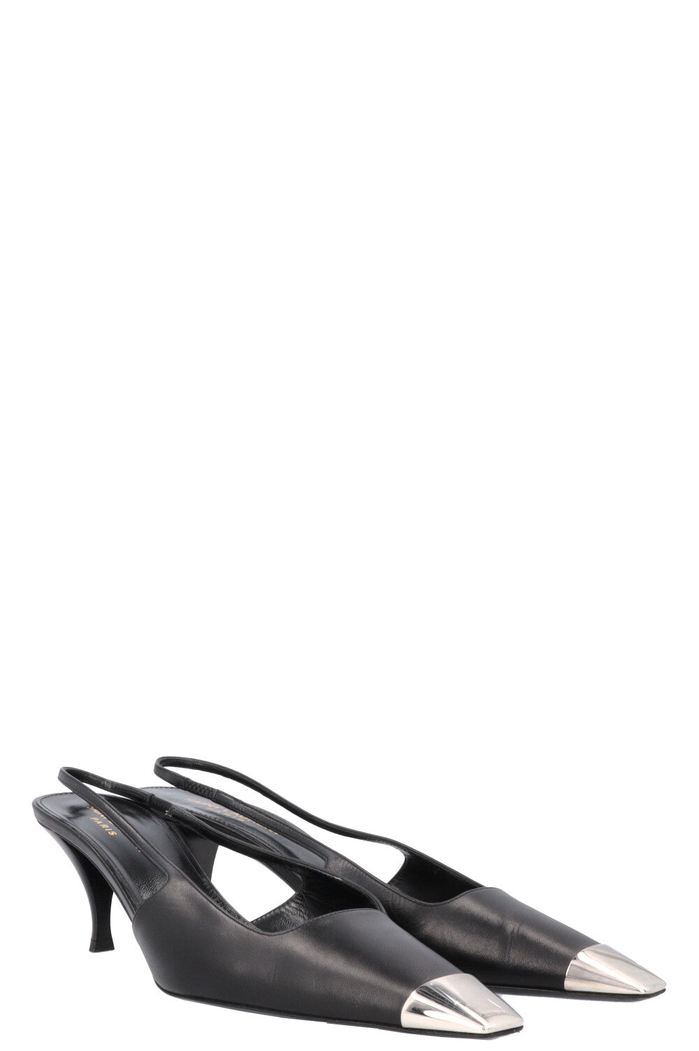 YSL Saint Laurent Sling Bag Blade Slingback Kitten Heels Black Silver Shoes