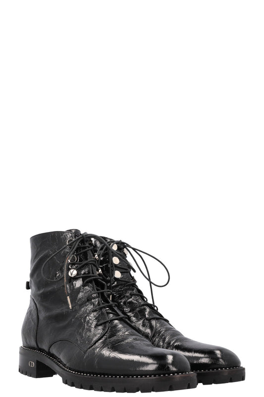 Dior Rebelle Boots Crinkled Leather Patent Black Shoes
