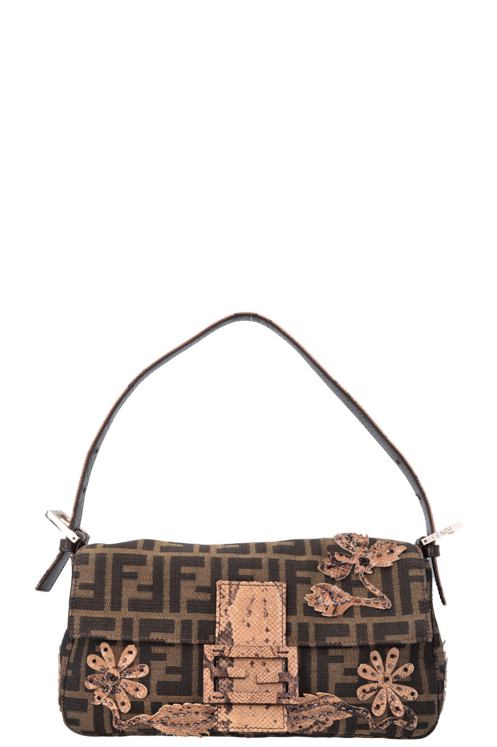 Fendi Zucca Floral Embrodiered Baguette Shoulder Bag Print Canvas