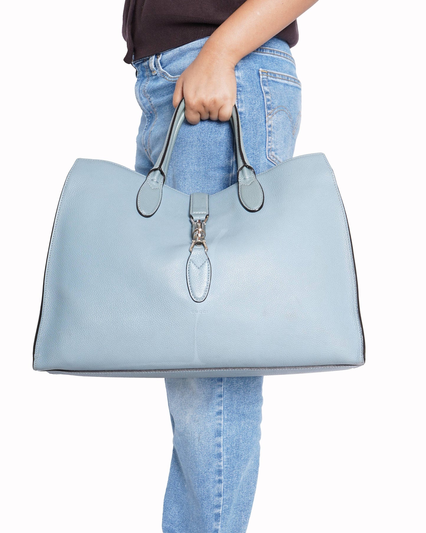 Gucci Light Blue Pebbled Leather Soft Jackie Large Top Handle Bag