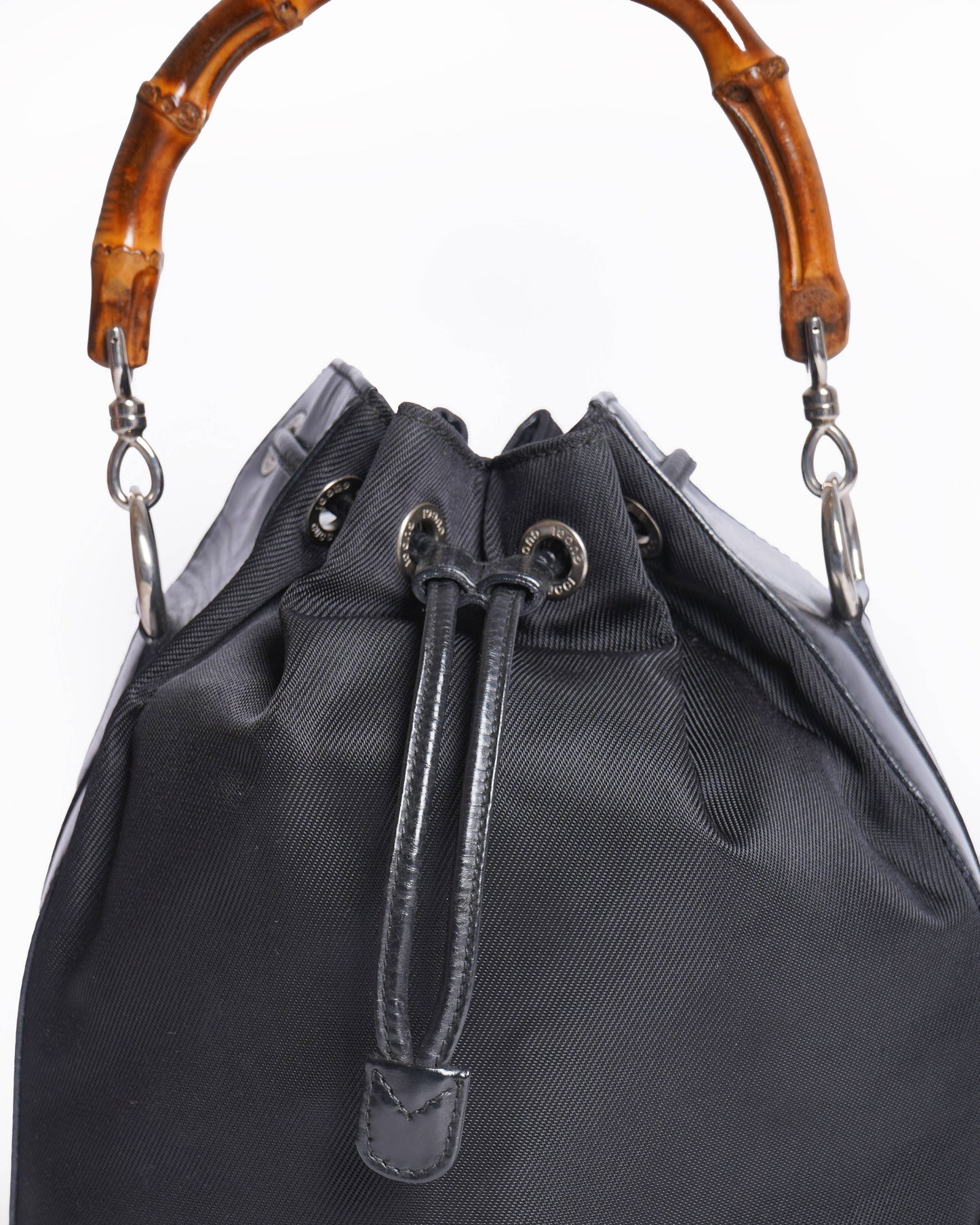 Gucci Nylon Patent Leather Bamboo Bucket Bag