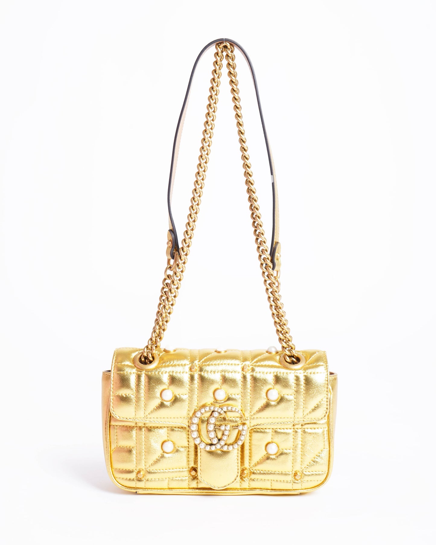 New Gucci Gold Quilted Leather & Pearl Marmont Shoulder Bag