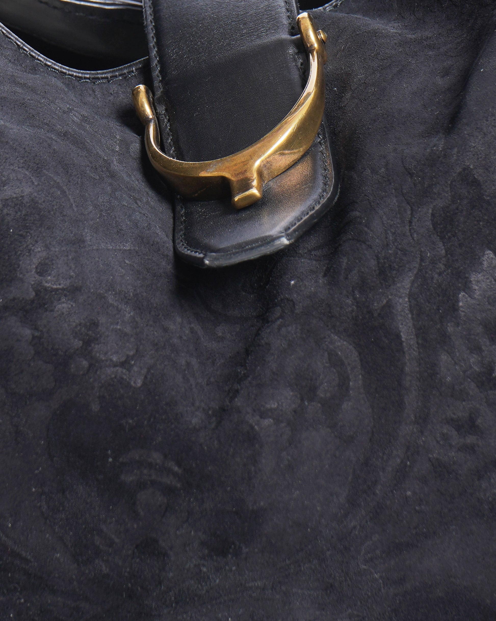 Gucci black brocade suede and leather stirup hobo bag