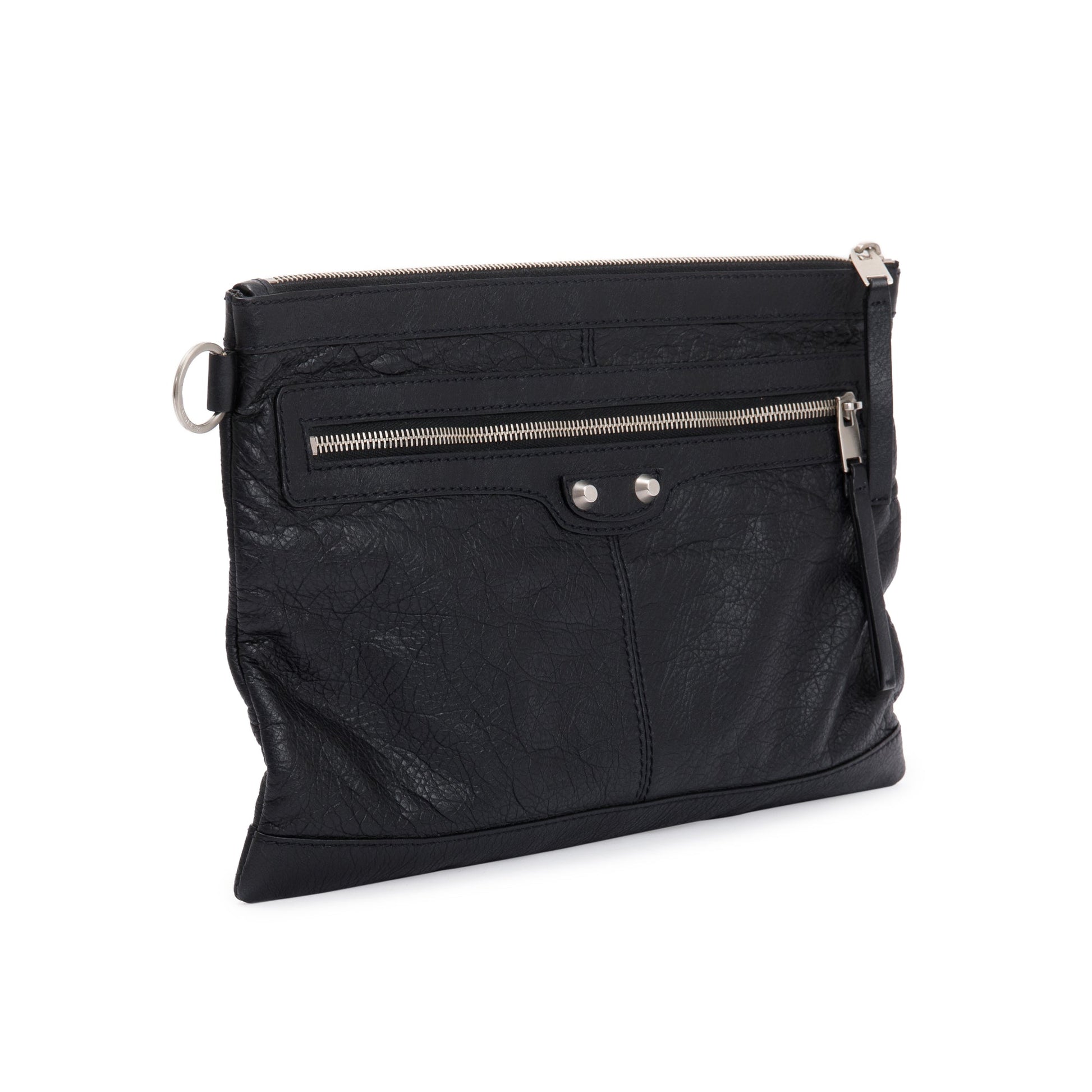Balenciaga Calfskin Motocross Classic Clip Pouch Travel Bag Black