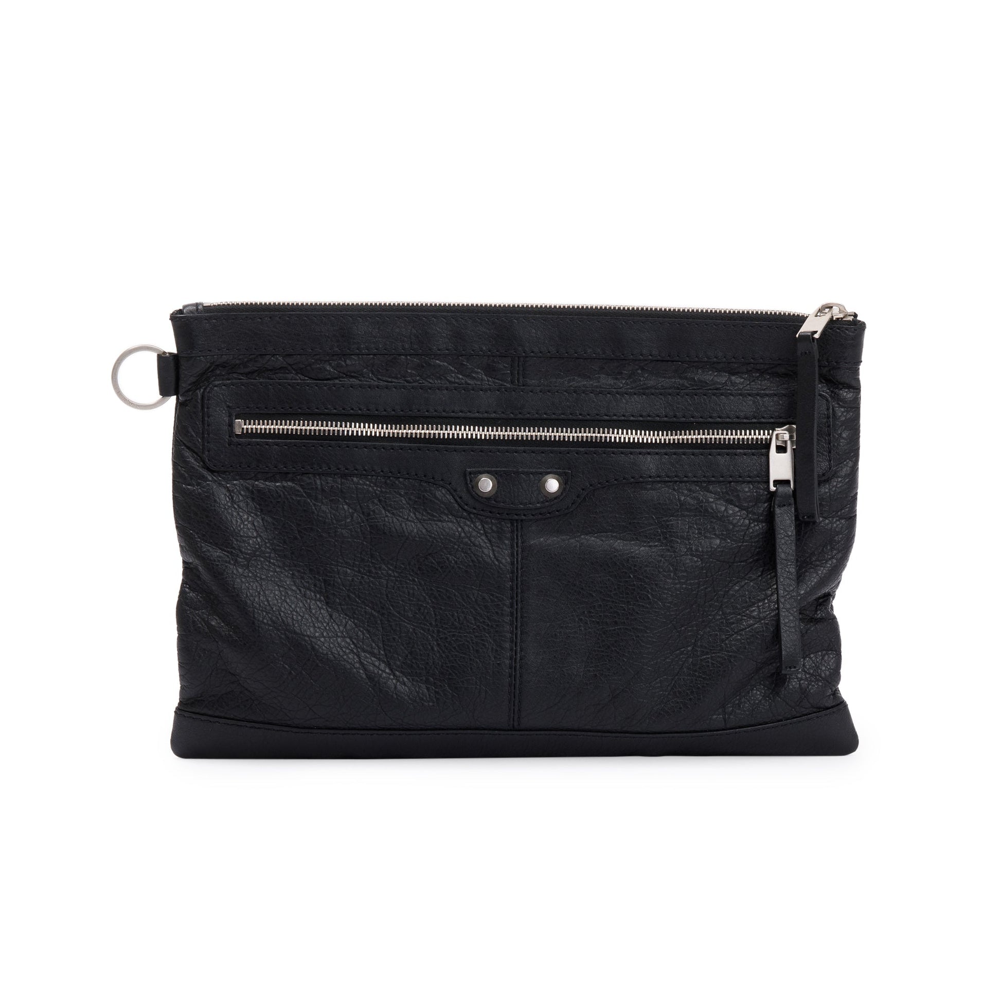 Balenciaga Calfskin Motocross Classic Clip Pouch Travel Bag Black