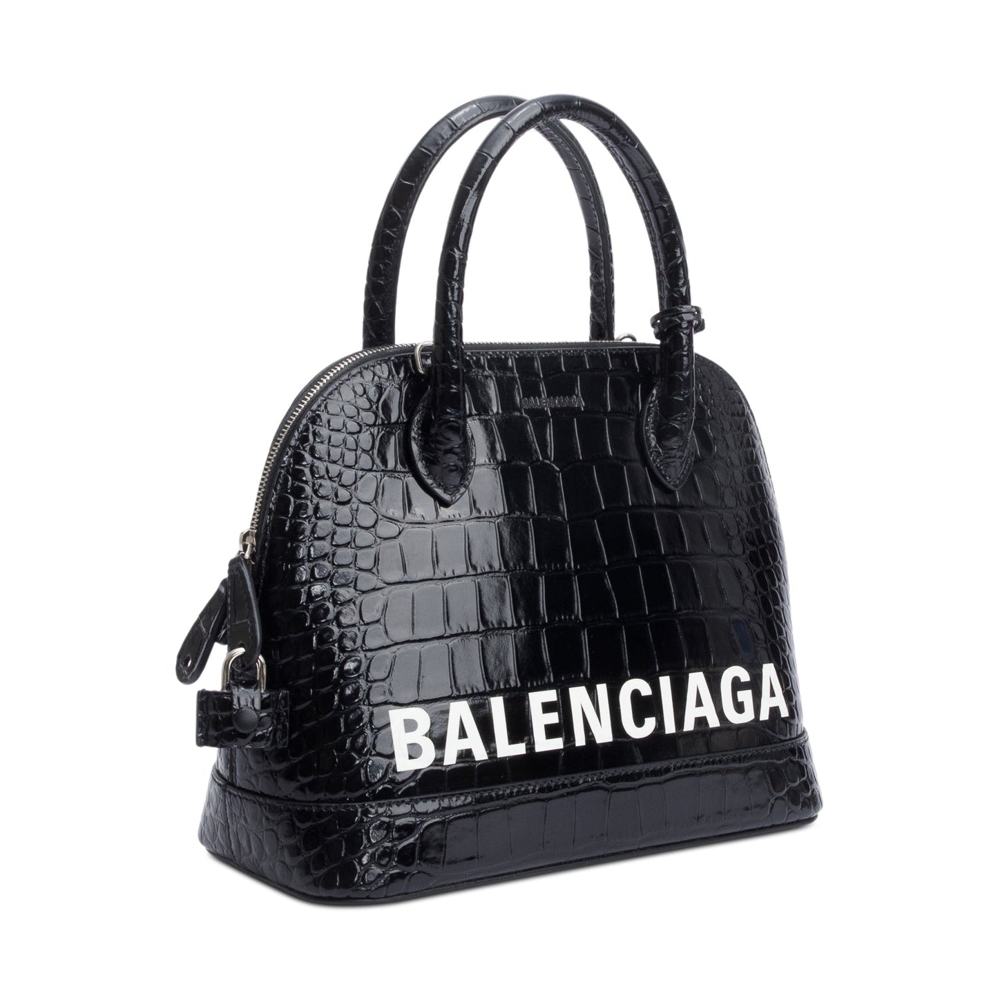 Balenciaga Croc Embossed Calfskin Ville Top Handle Bag Leather Black Travel Bag