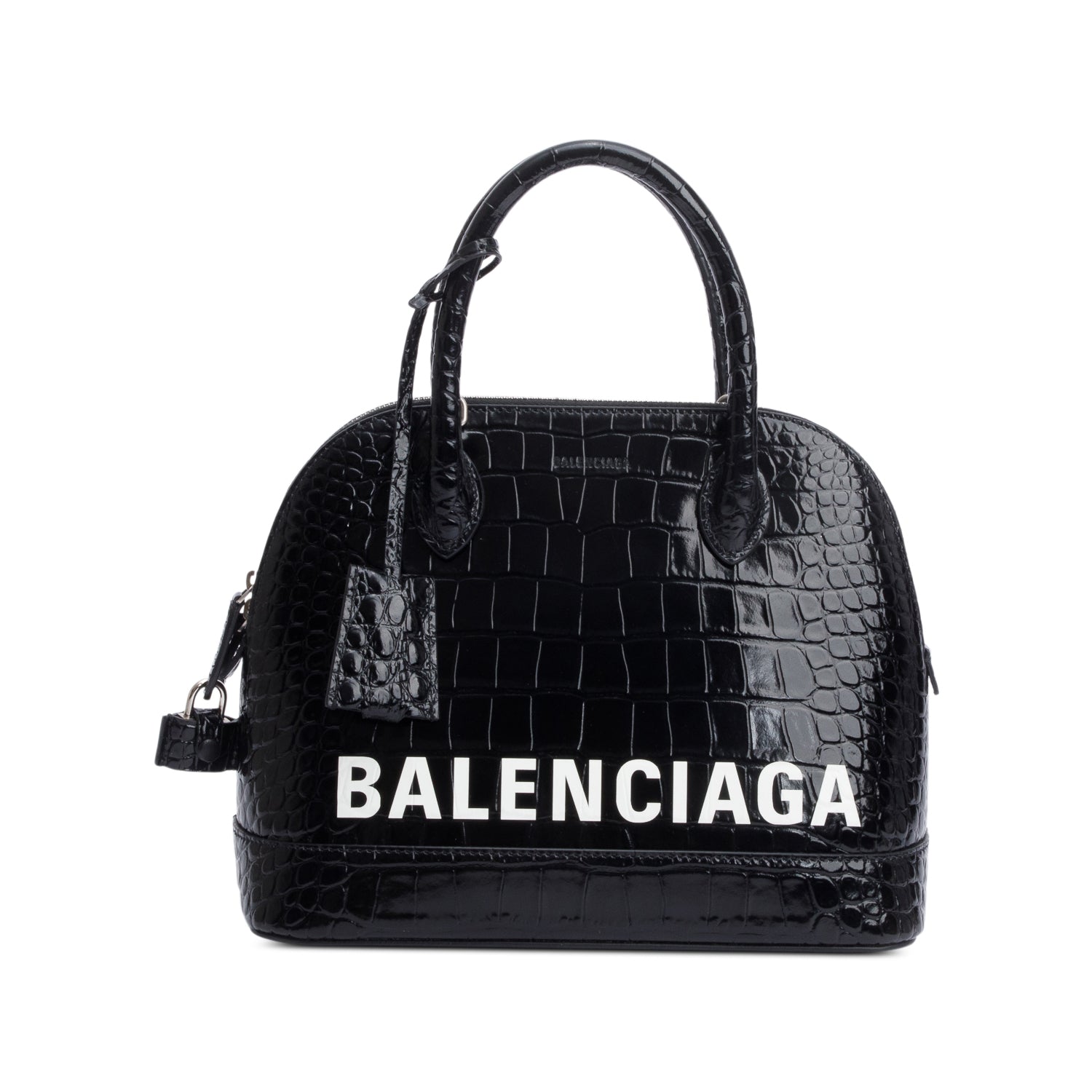 Balenciaga Croc Embossed Calfskin Ville Top Handle Bag Leather Black Travel Bag