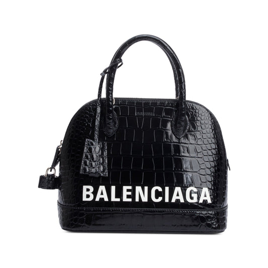 Balenciaga Croc Embossed Calfskin Ville Top Handle Bag Leather Black Travel Bag
