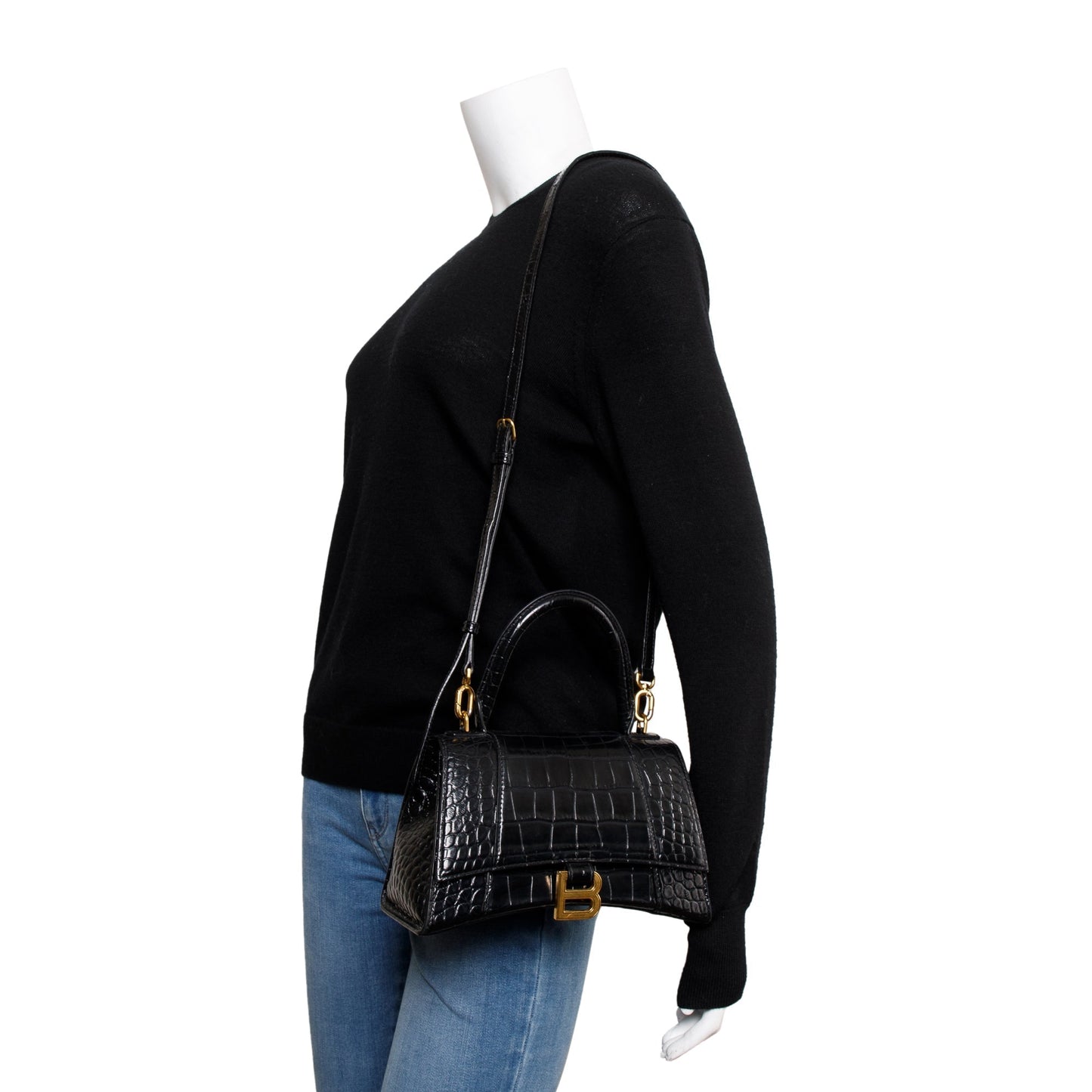 Balenciaga Croc Embossed Hourglass Top Handle Bag Leather Black Travel Bag