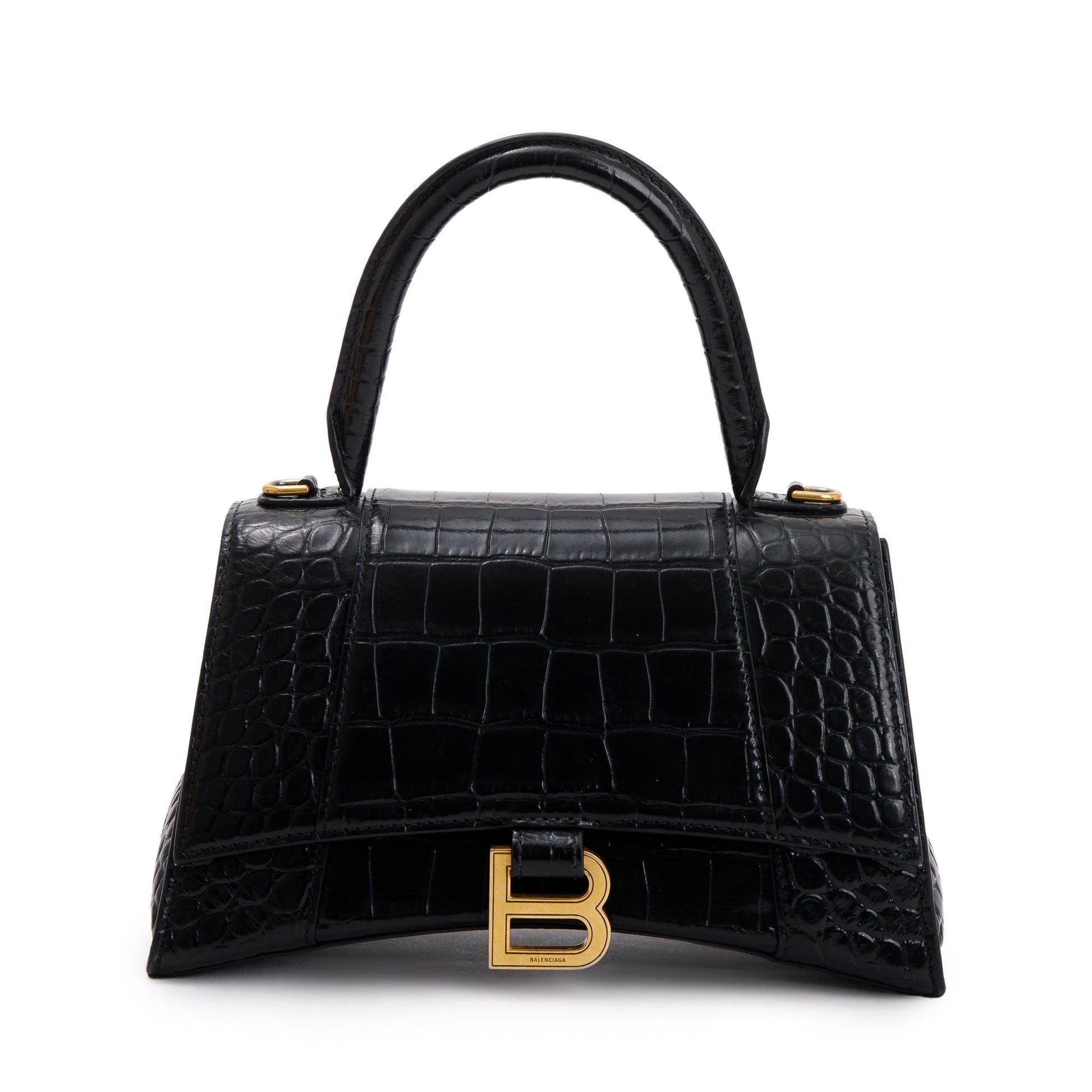 Balenciaga Croc Embossed Hourglass Top Handle Bag Leather Black Travel Bag