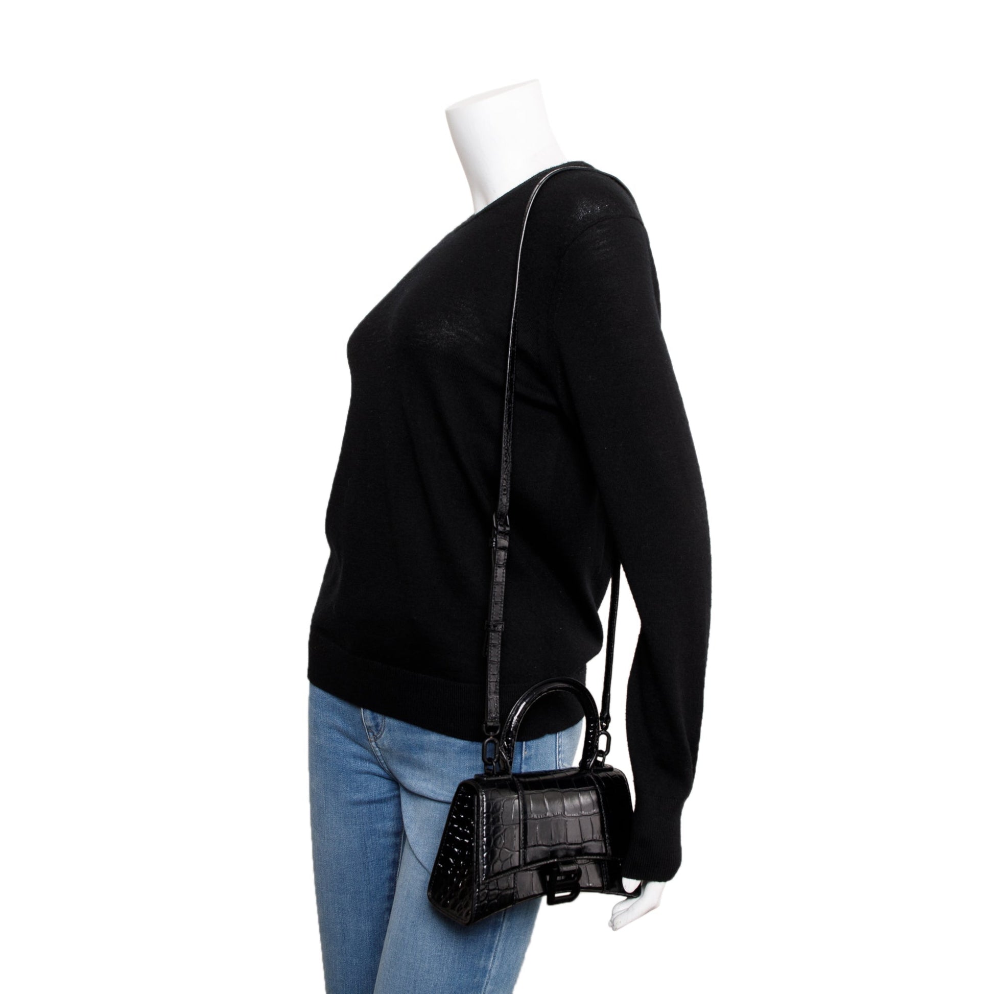 Balenciaga Croc Embossed Xs Hourglass Top Handle Bag Leather Black Travel Bag