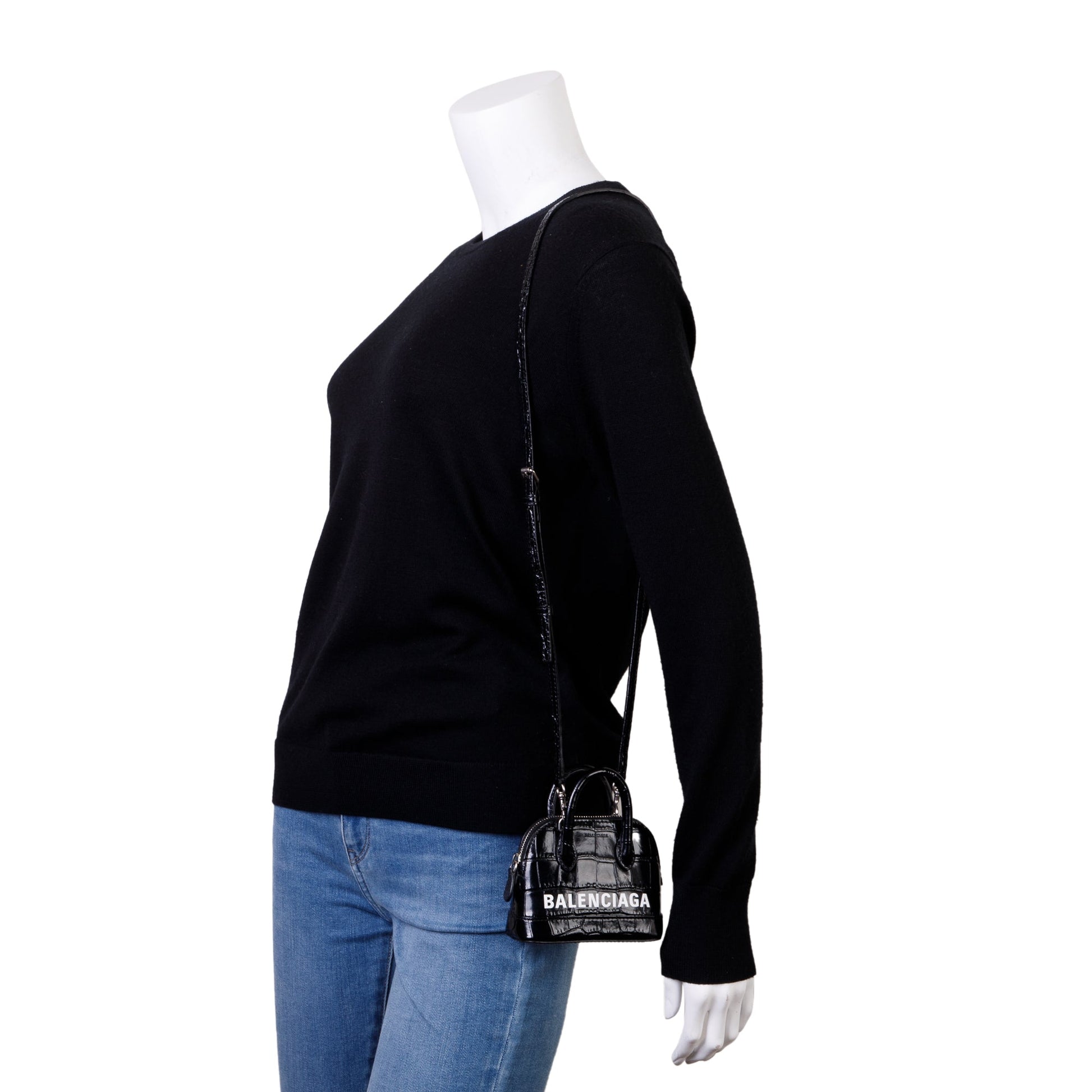 Balenciaga Crocodile Embossed Ville Top Handle Bag Black Mini Travel Bag