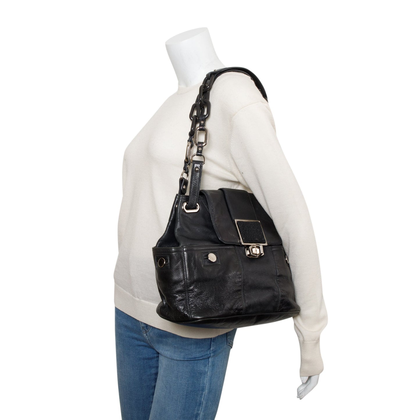 Balenciaga Goatskin Stingray Cherche Link Shoulder Bag Leather Black