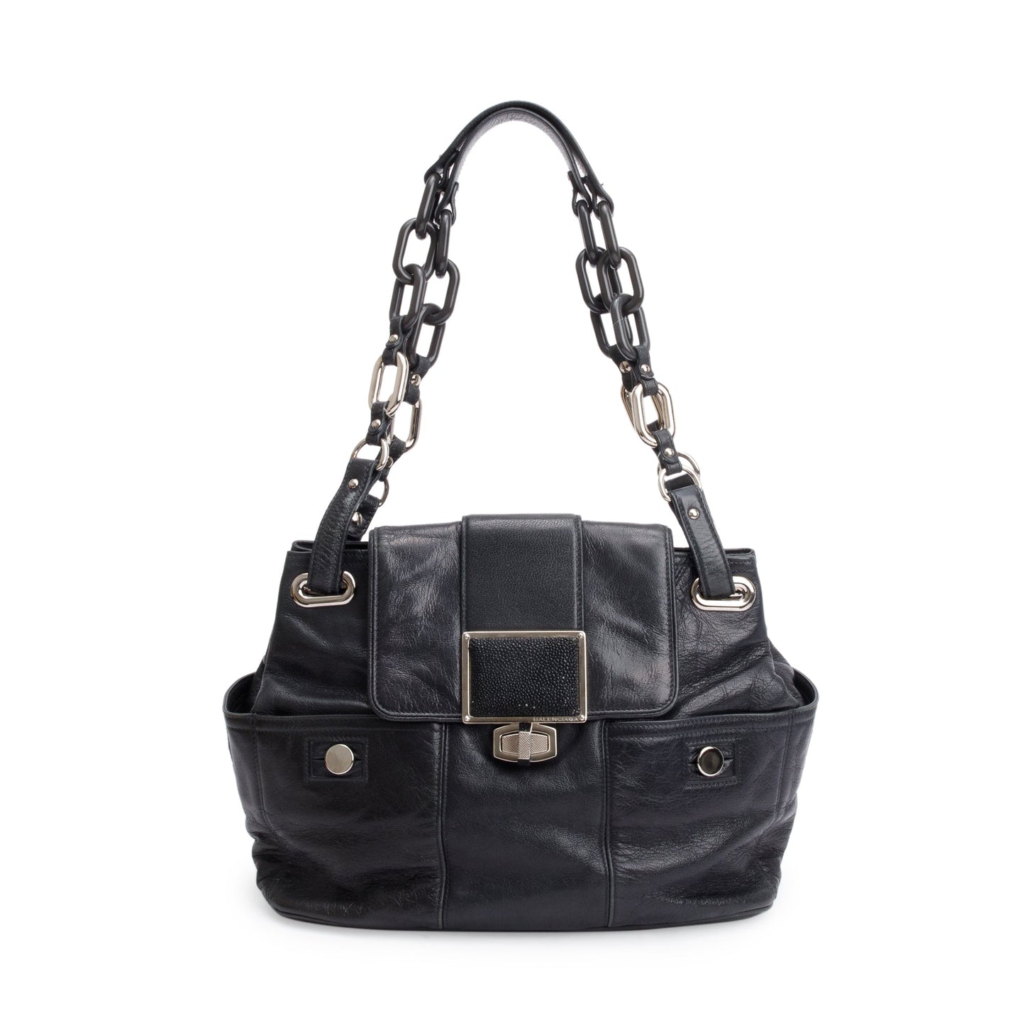 Balenciaga Goatskin Stingray Cherche Link Shoulder Bag Leather Black