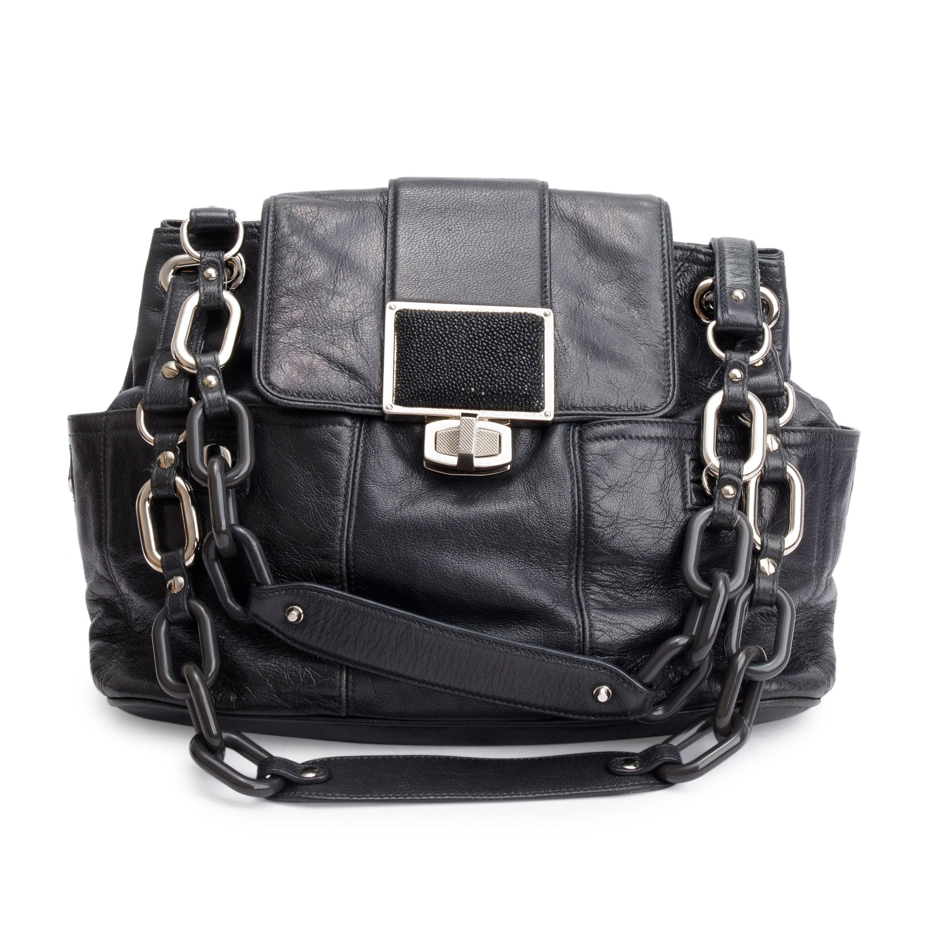 Balenciaga Goatskin Stingray Cherche Link Shoulder Bag Leather Black