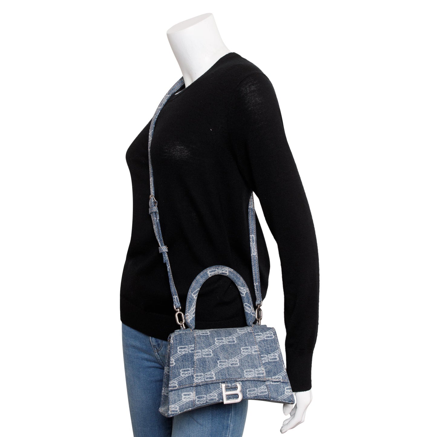 Balenciaga Bb Small Hourglass Top Handle Bag Denim Monogram Travel Bag