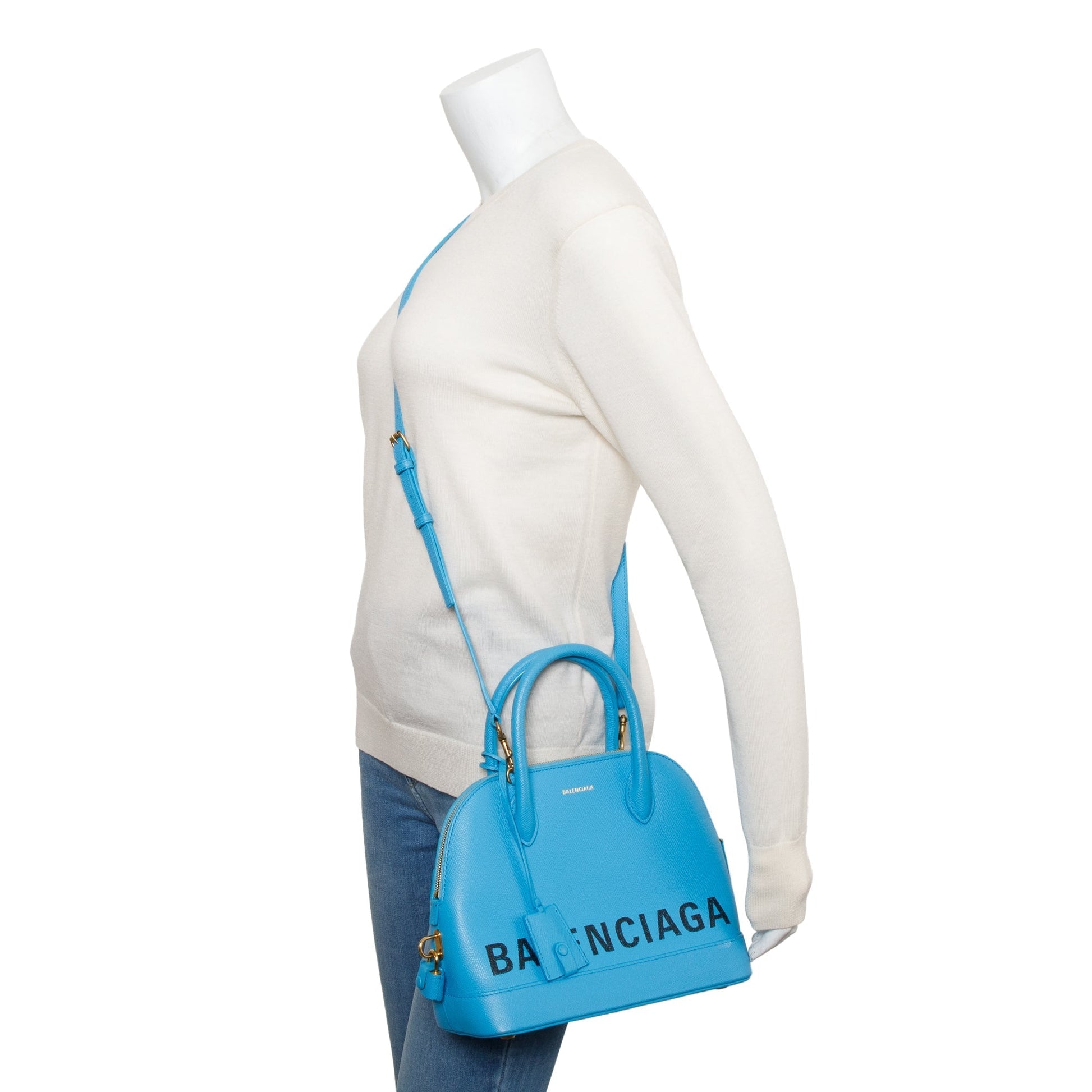 Balenciaga Grained Calfskin Ville Top Handle Bag Leather Blue Travel Bag
