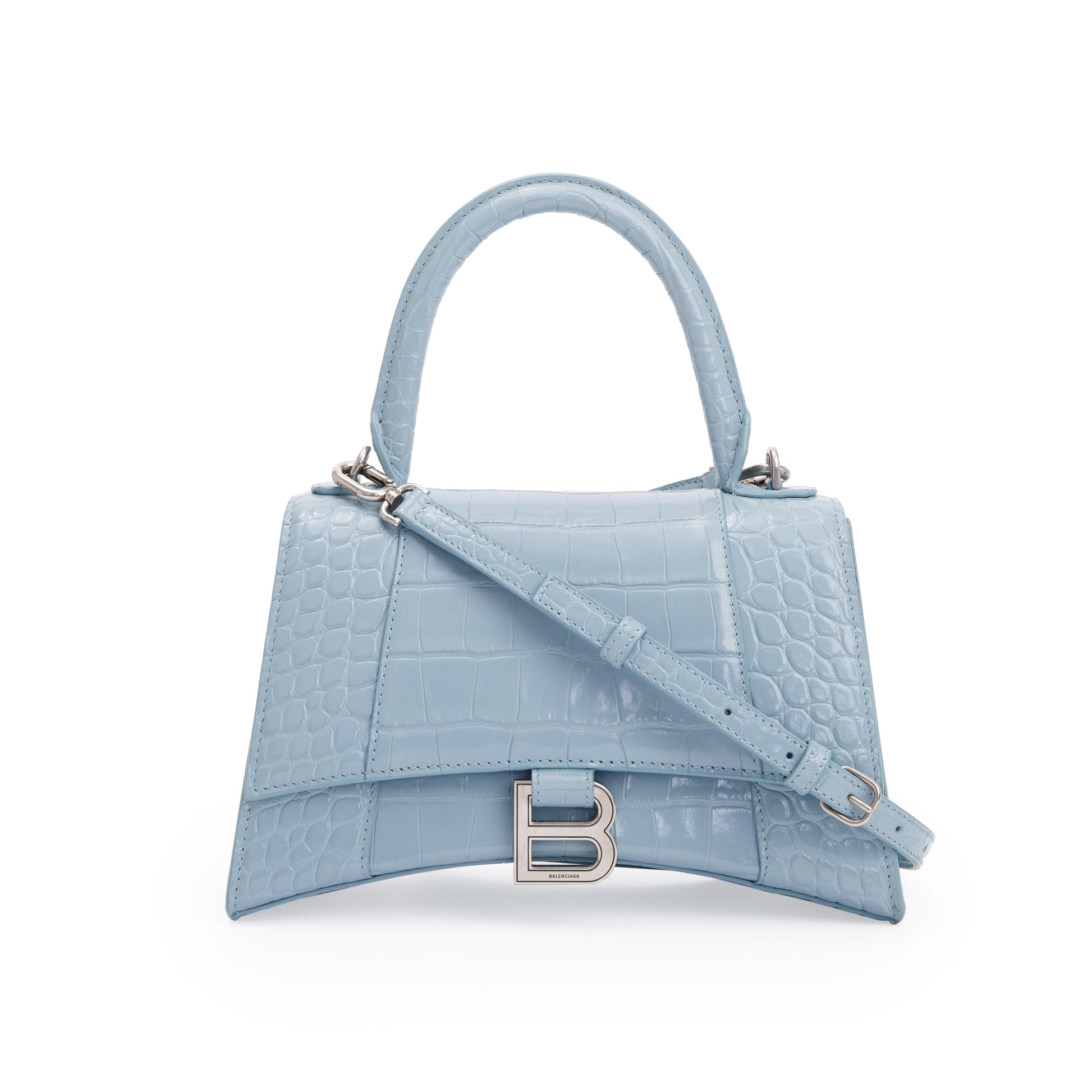Balenciaga Grey Croc Embossed Calfskin Hourglass Top Handle Leather Blue Travel Bag