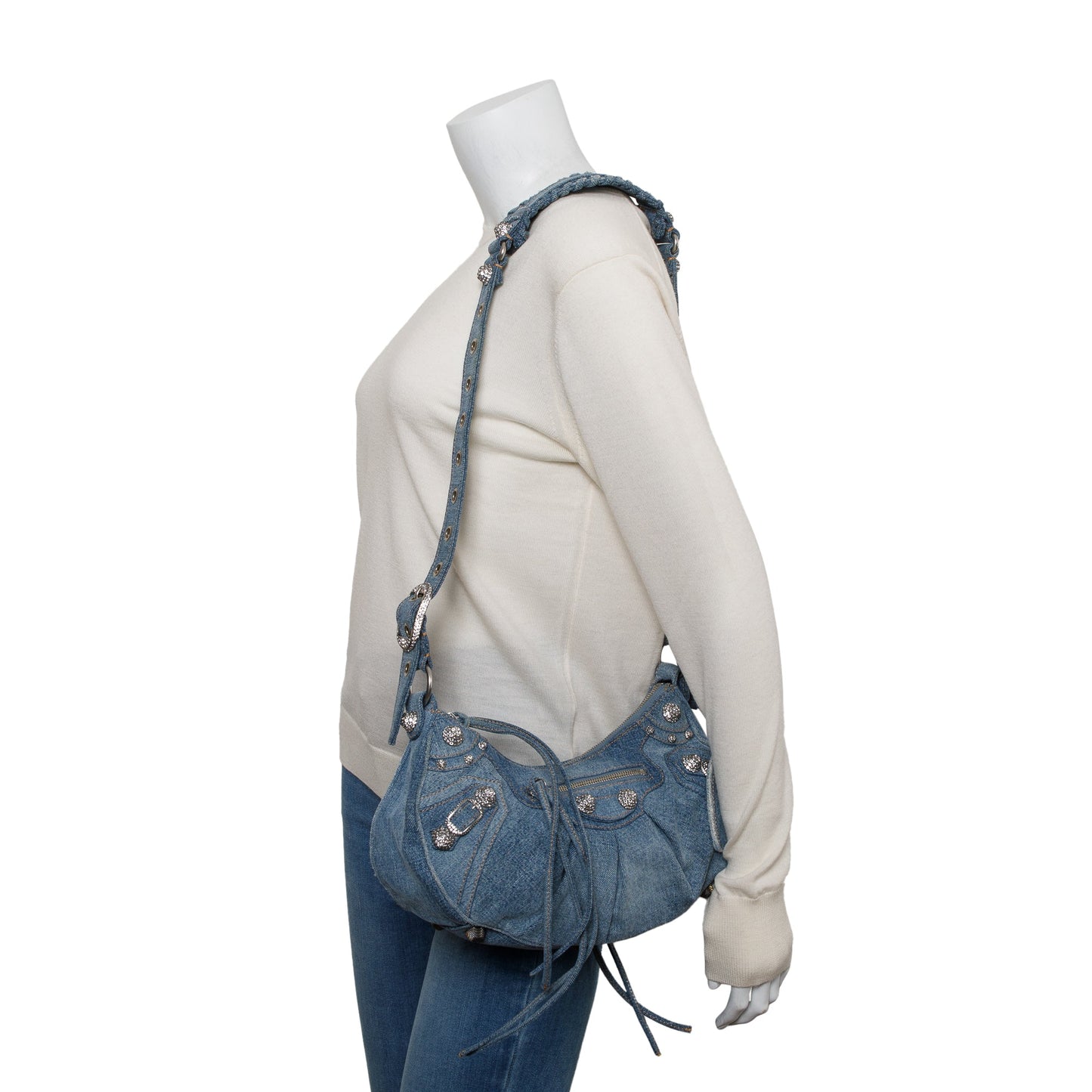 Balenciaga Washed Frayed Rhinestone Le Cagole Shoulder Bag Denim Blue
