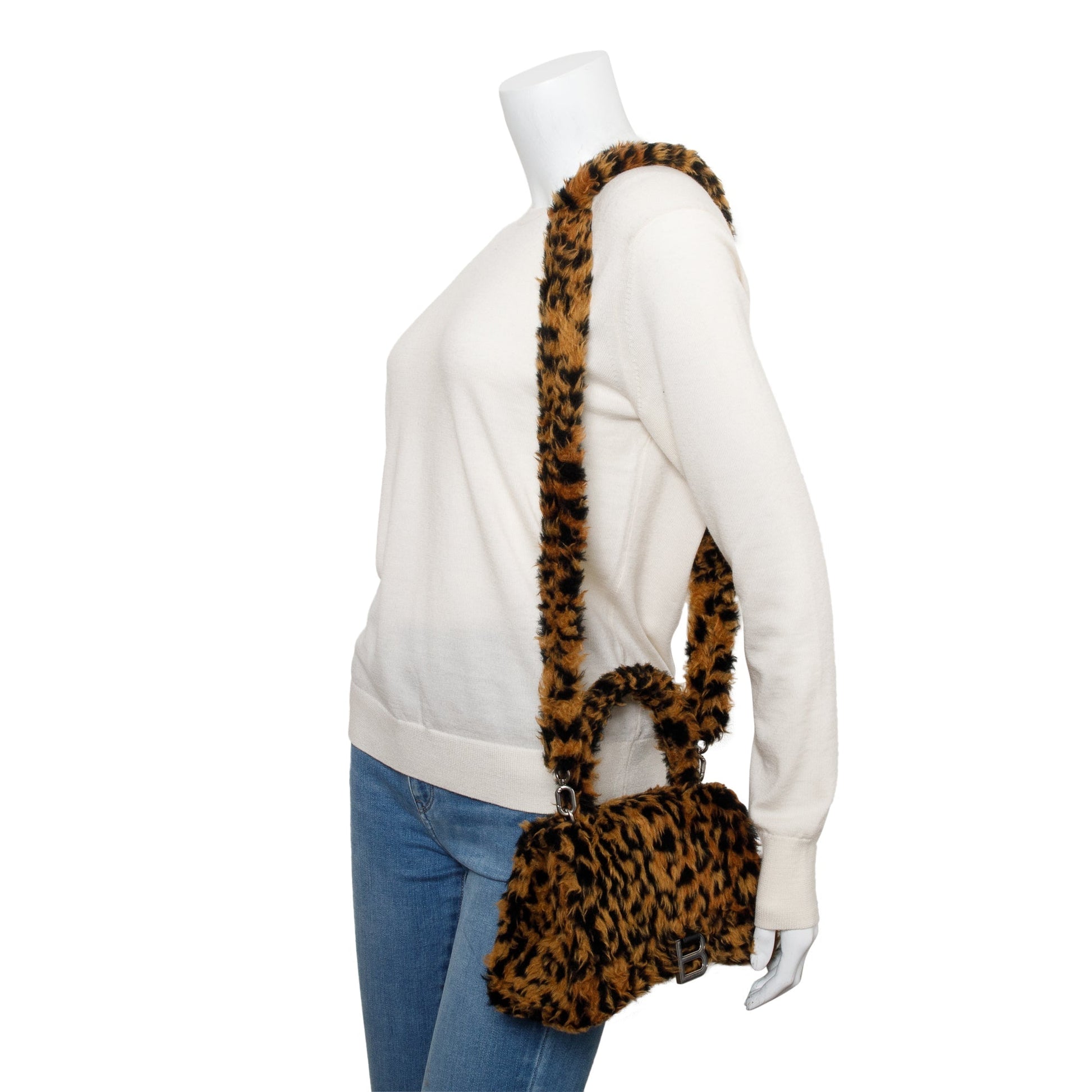Balenciaga Leopard Print Faux Fur Hourglass Top Handle Brown Small Travel Bag