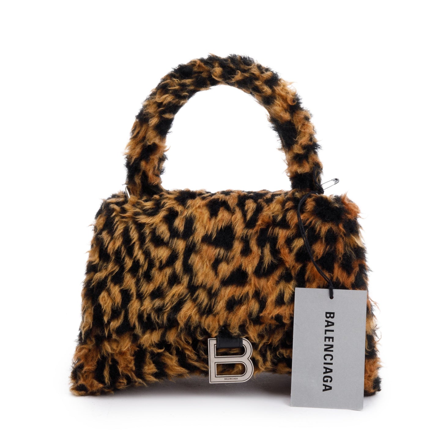 Balenciaga Leopard Print Faux Fur Hourglass Top Handle Brown Small Travel Bag