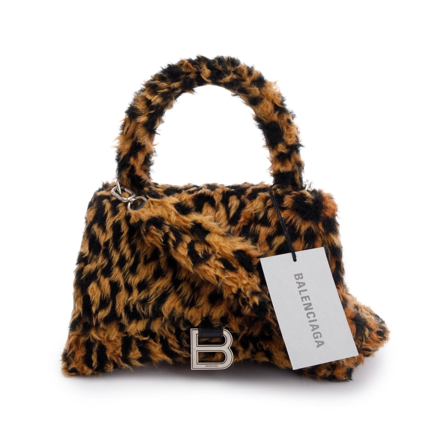 Balenciaga Leopard Print Faux Fur Hourglass Top Handle Brown Small Travel Bag