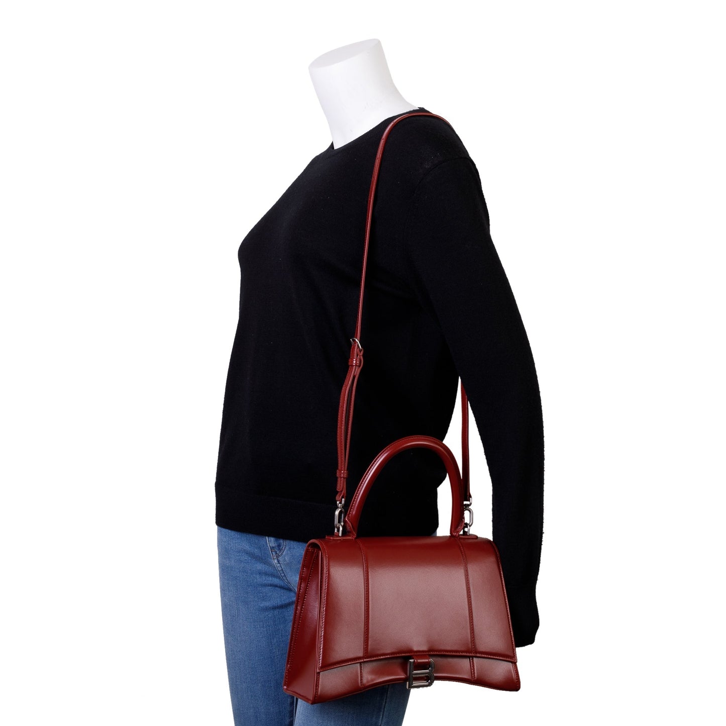 Balenciaga Burgundy Calfskin Hourglass Top Handle Bag Leather Medium Travel Bag