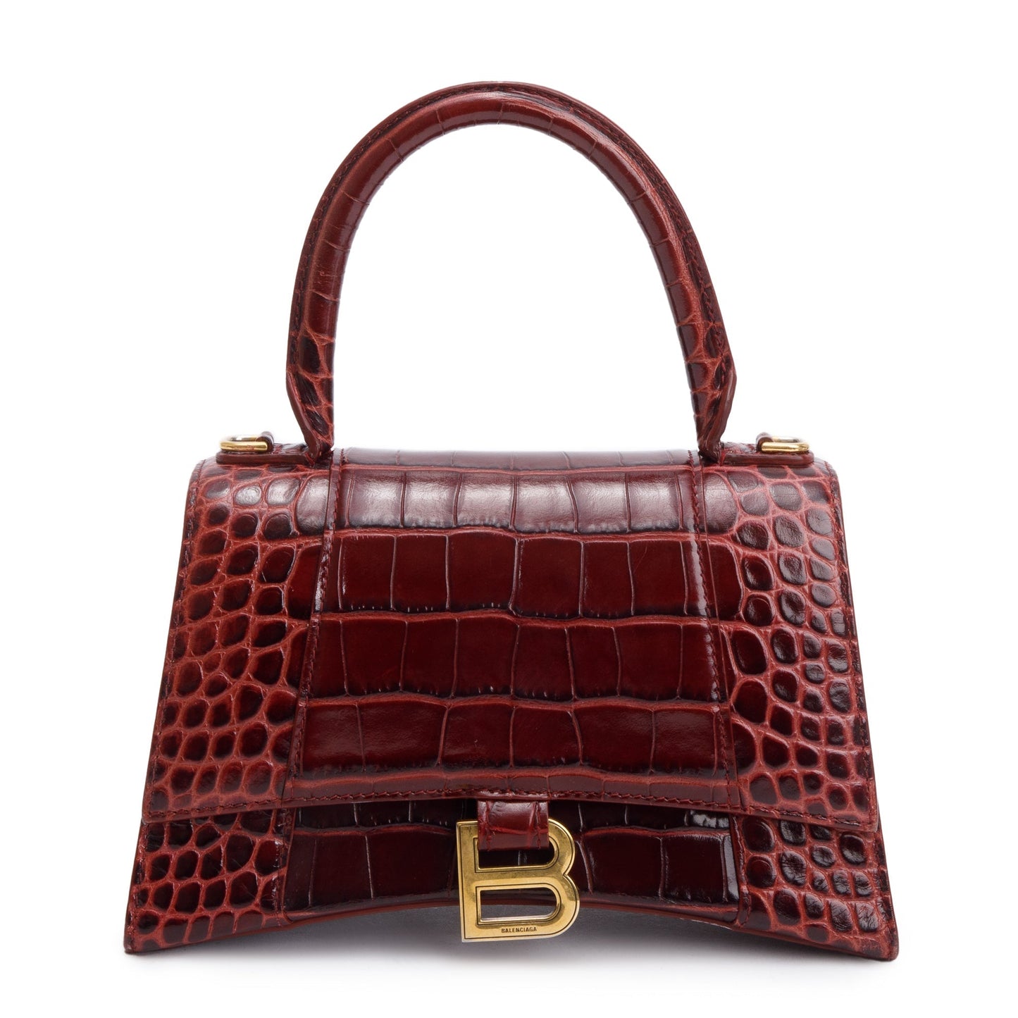 Balenciaga Burgundy Croc Embossed Hourglass Top Handle Bag Leather Small Travel Bag