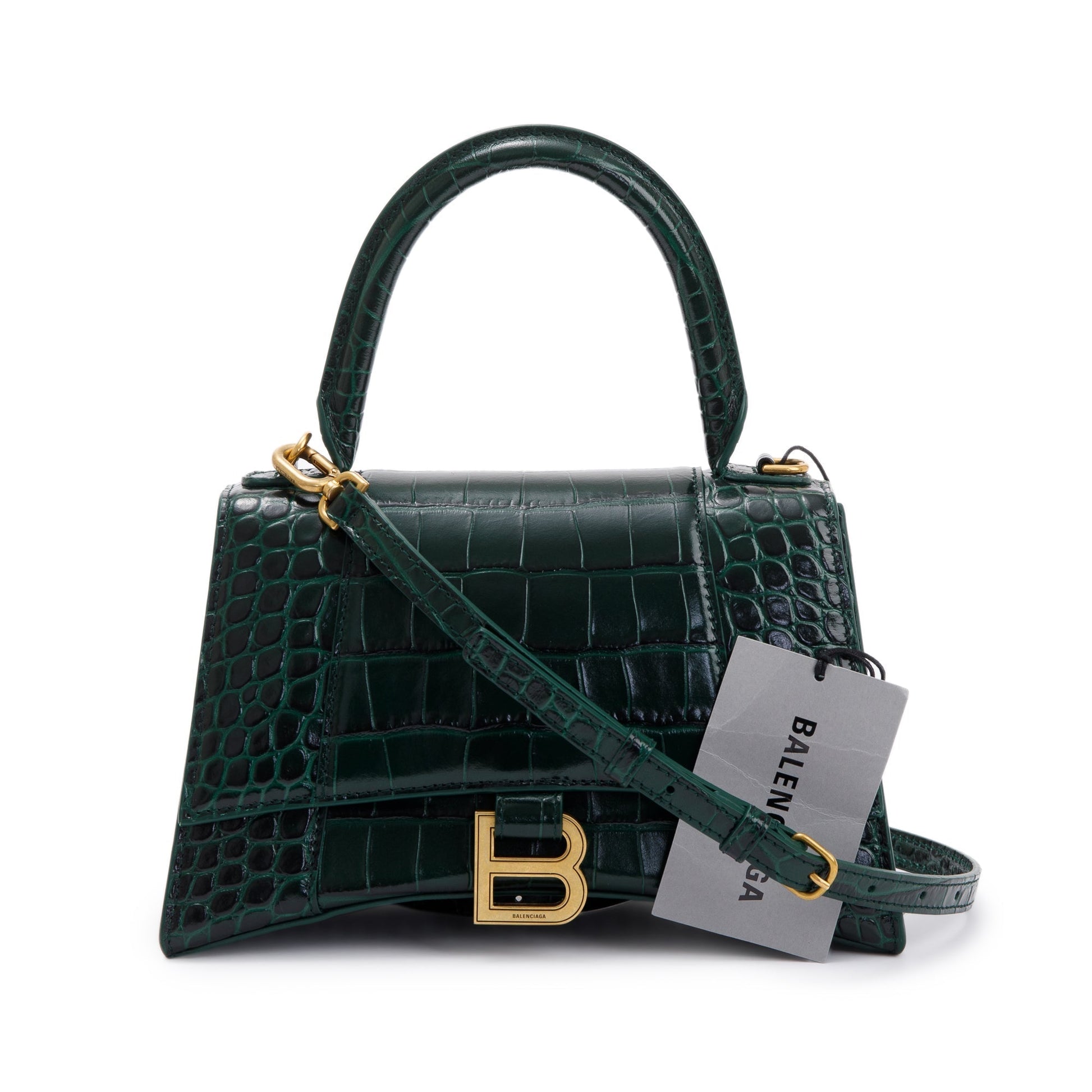 Balenciaga Croc Embossed Calfskin Hourglass Top Handle Bag Leather Green Travel Bag