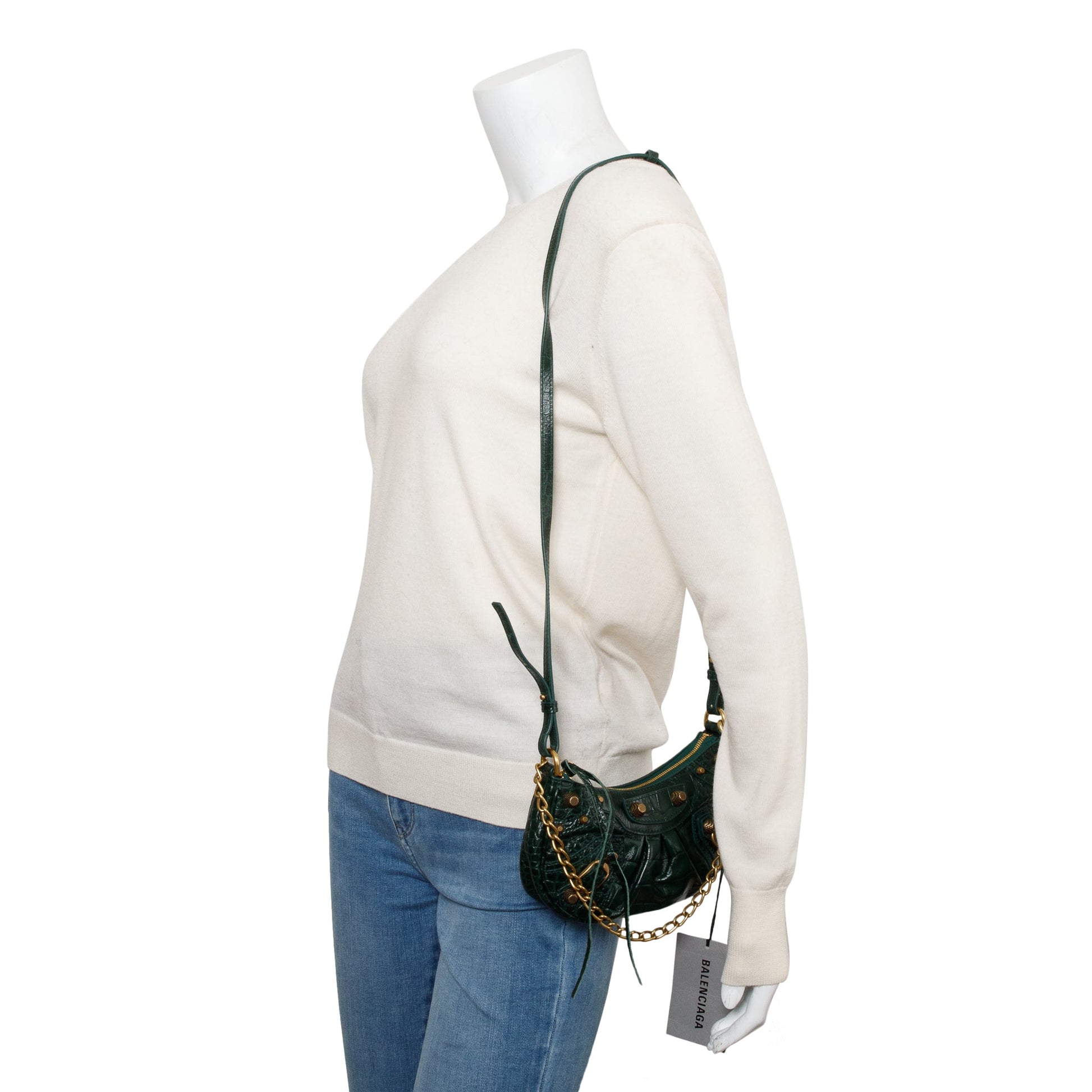 Balenciaga Crocodile Embossed Le Cagole Crossbody With Chain Leather Green Crossbody Bag