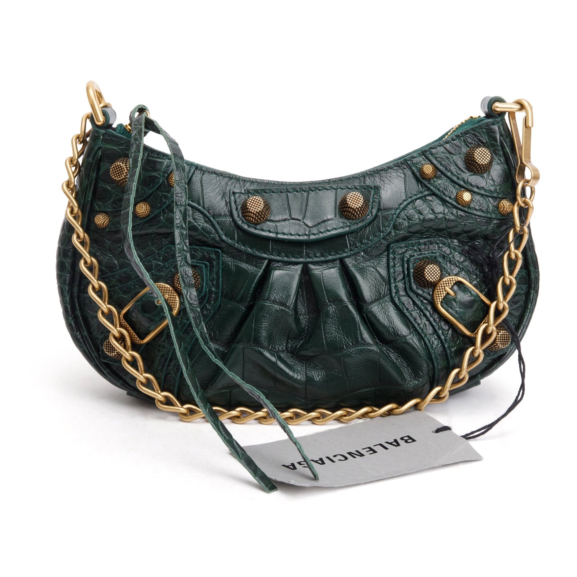 Balenciaga Crocodile Embossed Le Cagole Crossbody With Chain Leather Green Crossbody Bag
