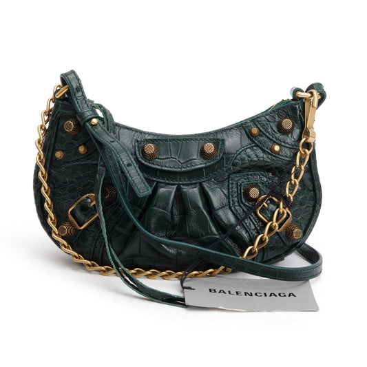 Balenciaga Crocodile Embossed Le Cagole Crossbody With Chain Leather Green Crossbody Bag