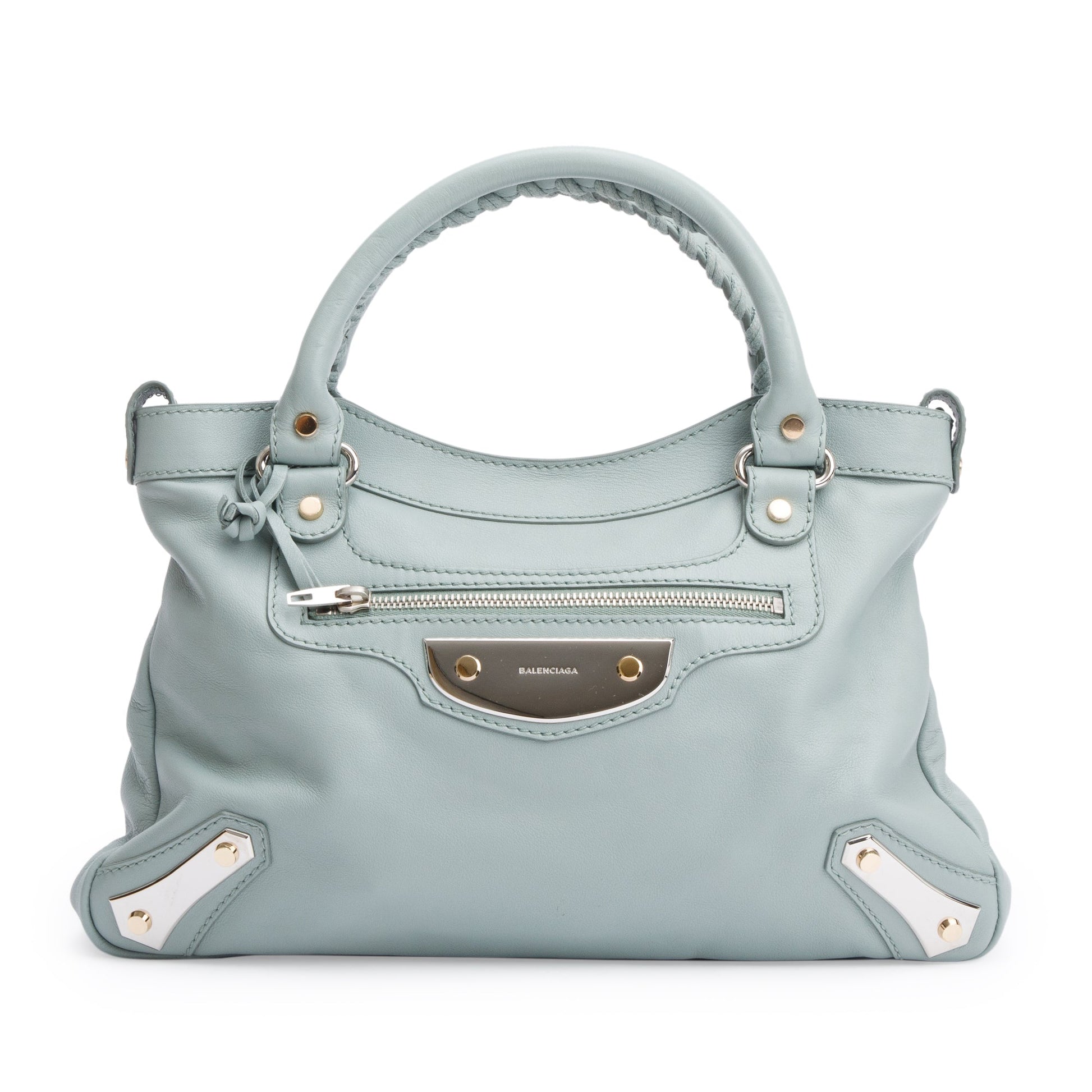 Balenciaga Town Metal Plate Flat Studs City Bag Green Shoes