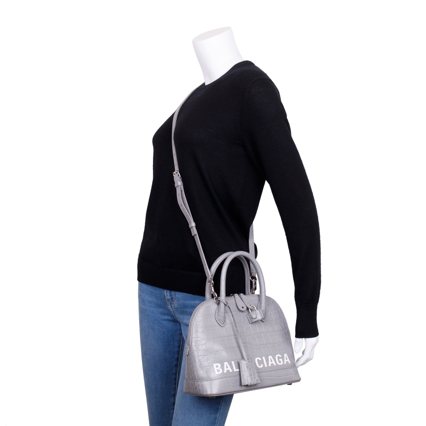 Balenciaga Grey Croc Embossed Ville Top Handle Bag Travel Bag