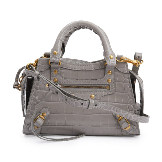 Balenciaga Grey Crocodile Embossed Calfskin Neo Classic Top Leather Mini Travel Bag