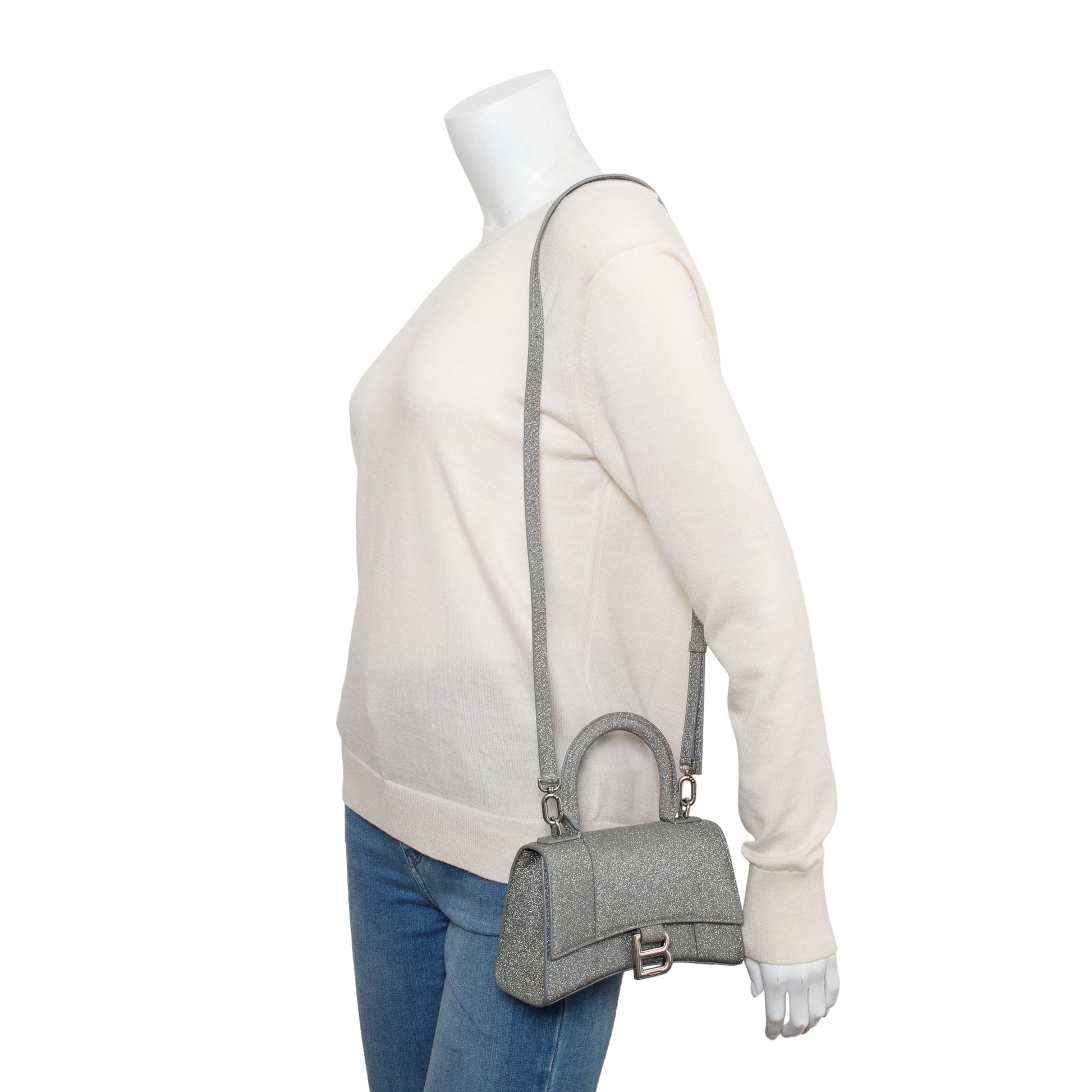 Balenciaga Grey Glitter Fabric Xs Hourglass Top Handle Travel Bag