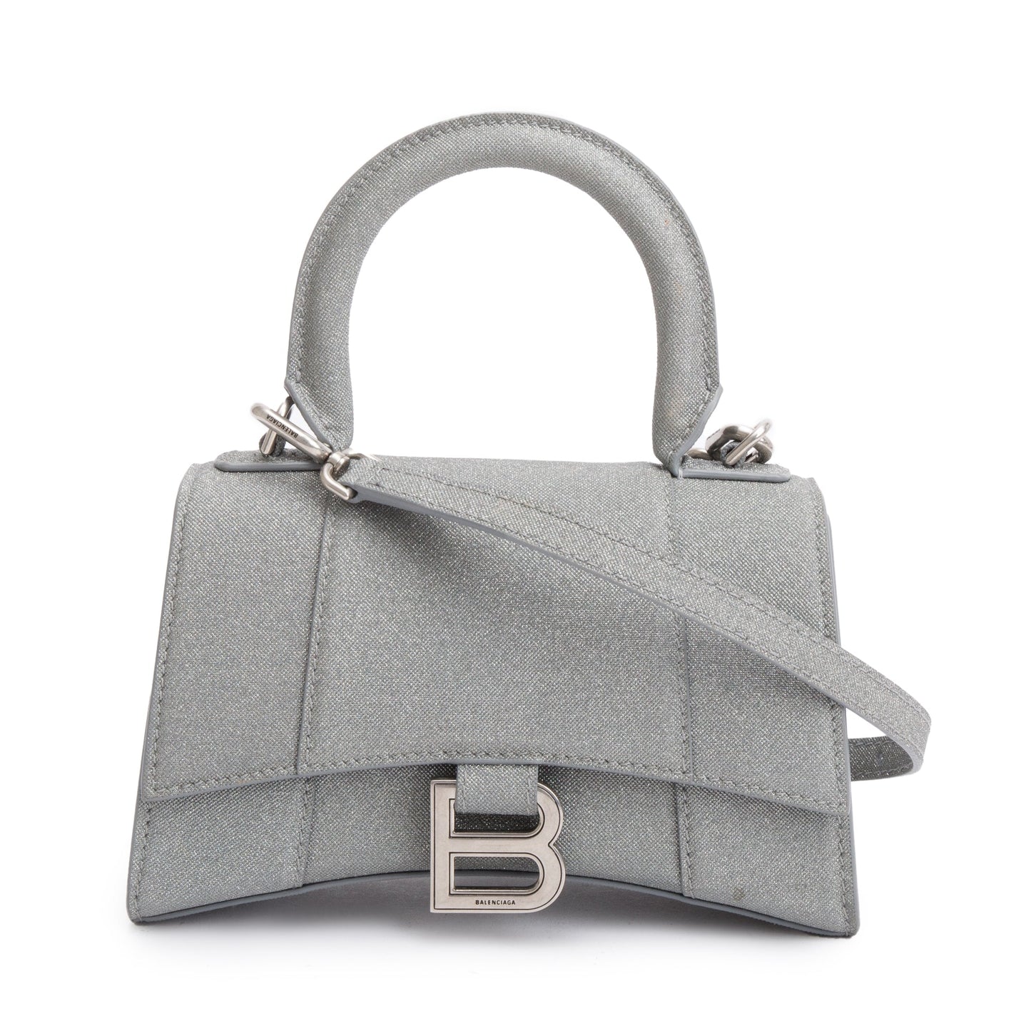 Balenciaga Grey Glitter Fabric Xs Hourglass Top Handle Travel Bag