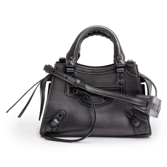 Balenciaga Grey Metallic Calfskin Neo Classic Top Handle Leather Mini Travel Bag