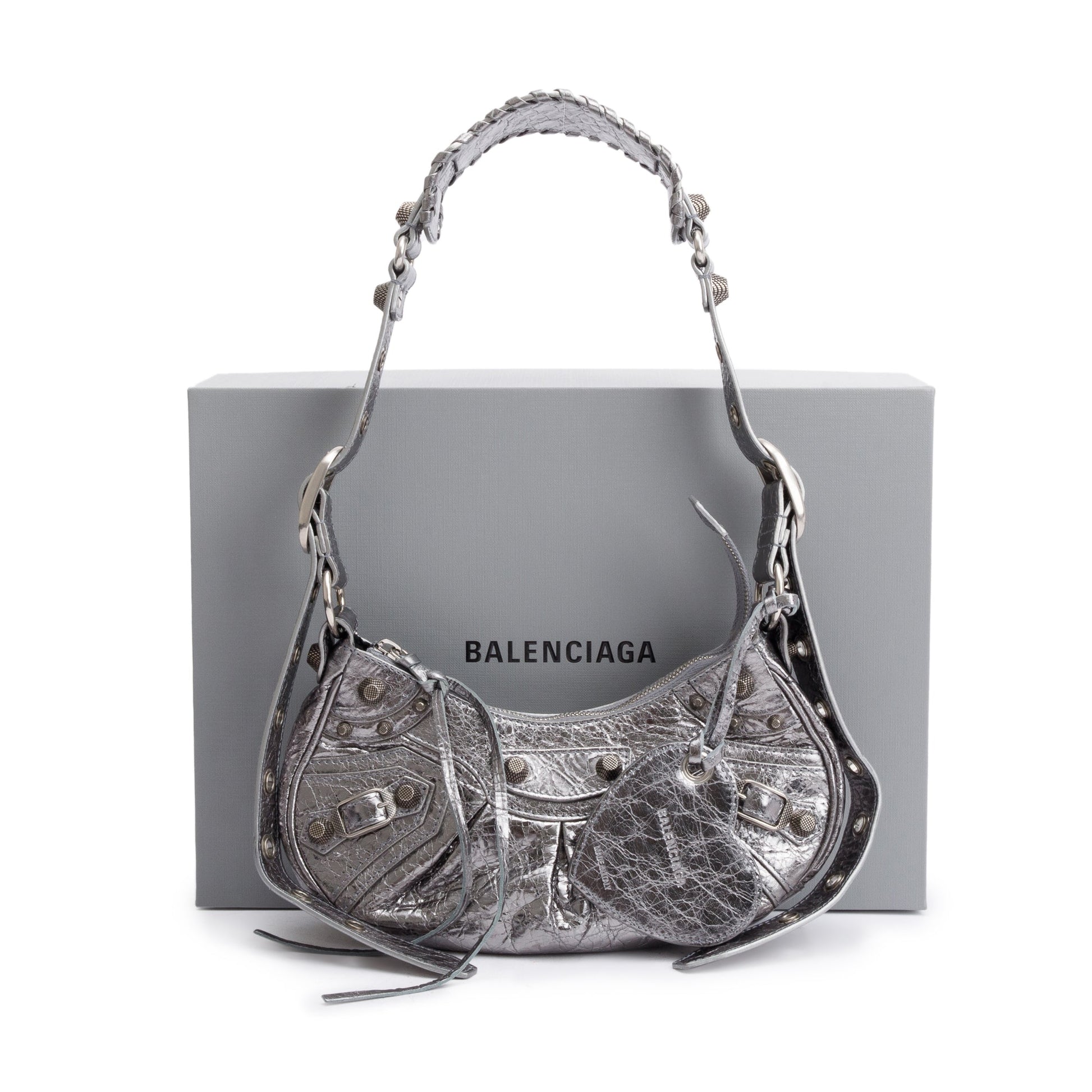 Balenciaga Metallic Arena Calfskin Le Cagole Xs Shoulder Leather Silver Shoulder Bag