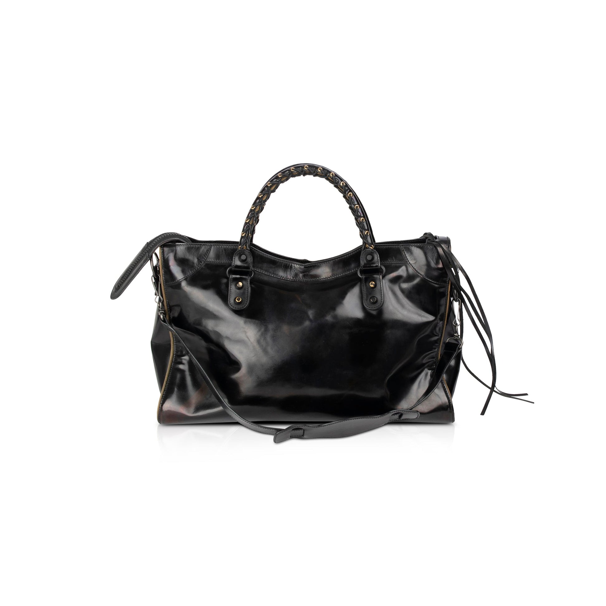 Balenciaga Motocross Glazed Calfskin City Bag Leather Black Travel Bag