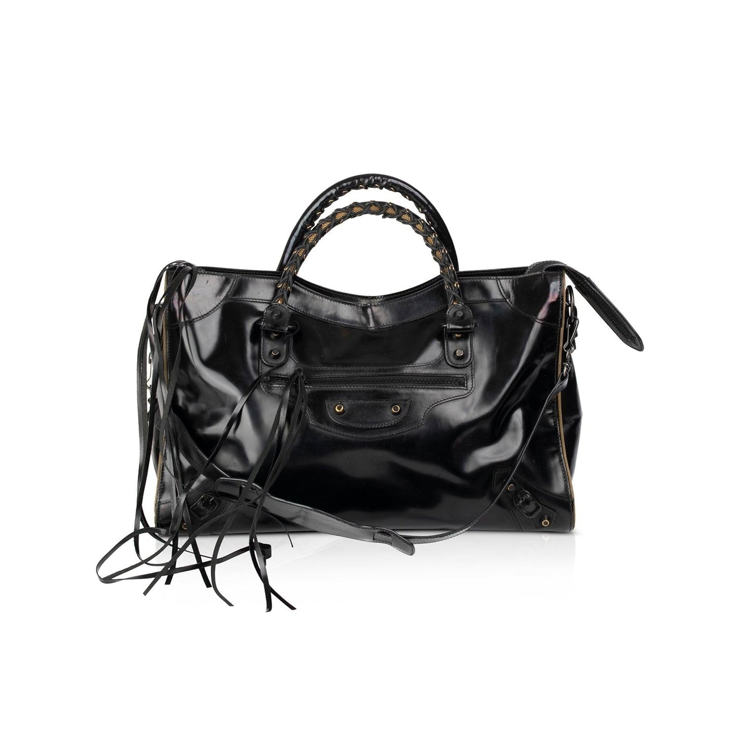 Balenciaga Motocross Glazed Calfskin City Bag Leather Black Travel Bag
