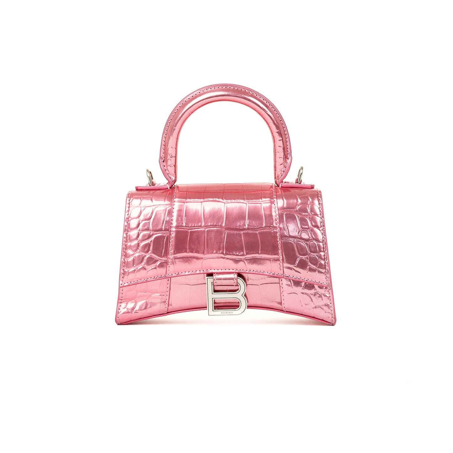 Balenciaga Metallic Croc Embossed Hourglass Xs Top Handle Pink Travel Bag