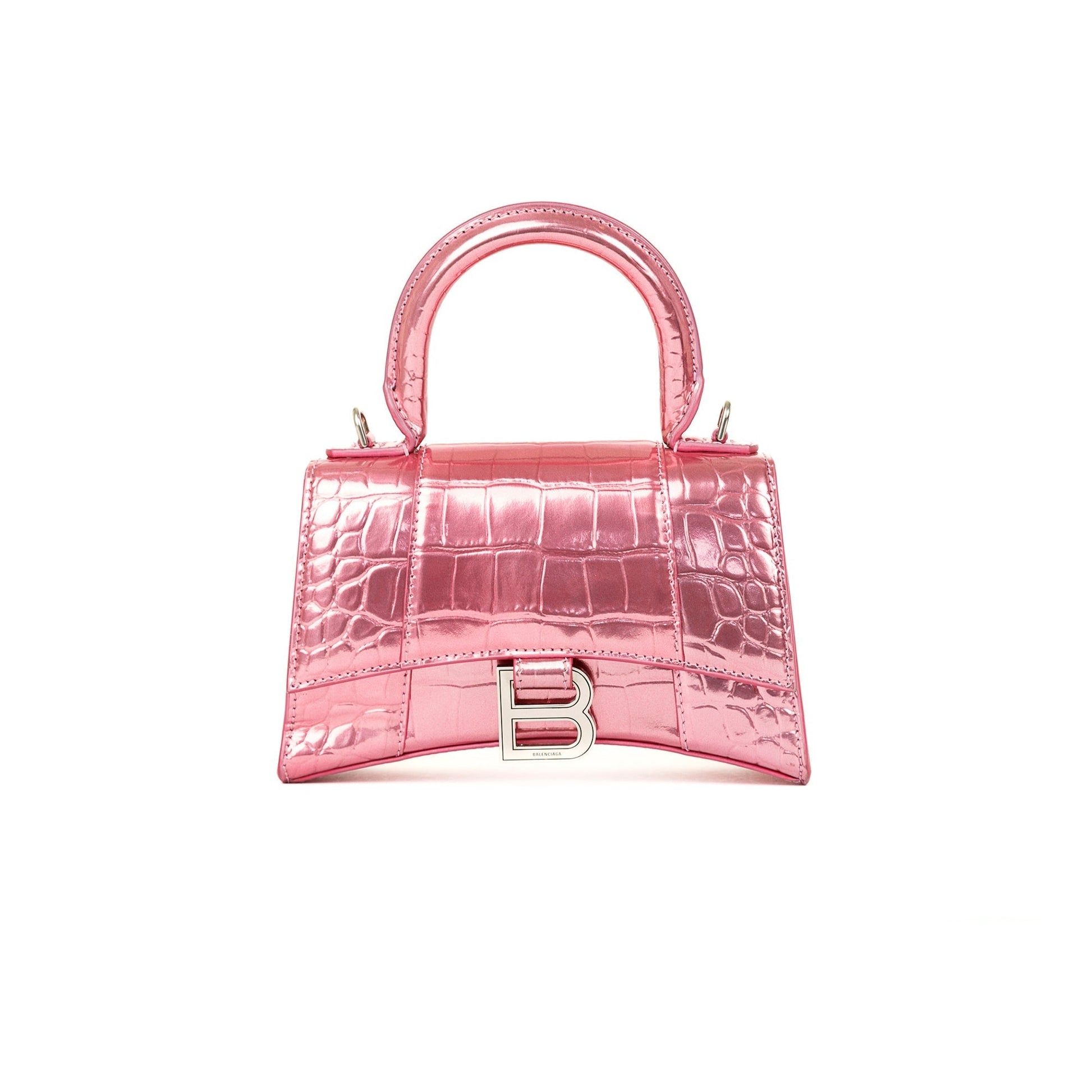 Balenciaga Metallic Croc Embossed Hourglass Xs Top Handle Pink Travel Bag