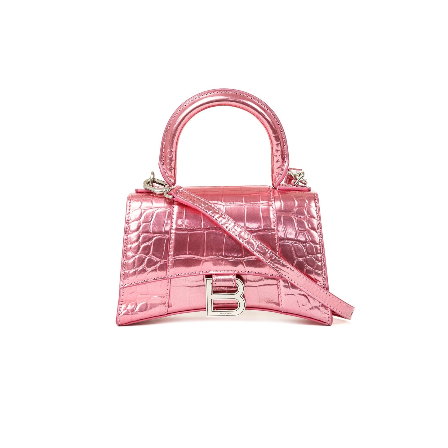 Balenciaga Metallic Croc Embossed Hourglass Xs Top Handle Pink Travel Bag