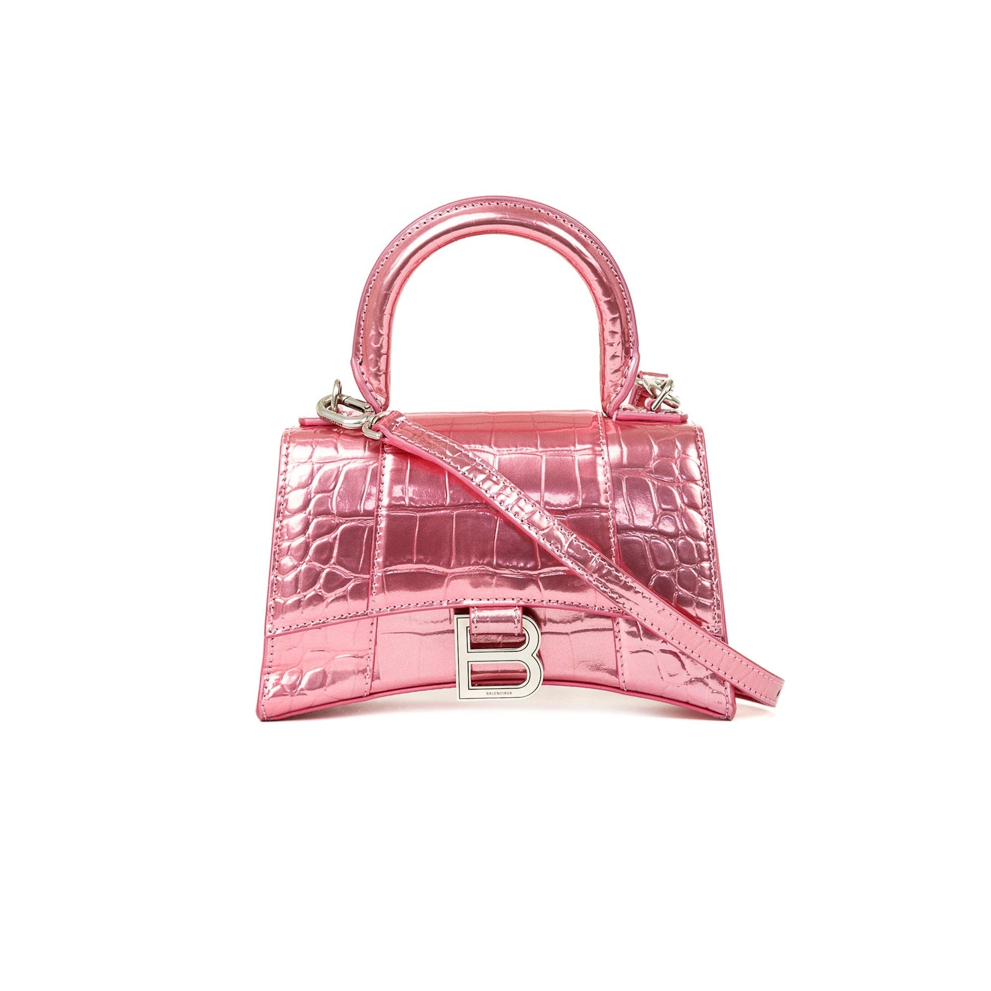 Balenciaga Metallic Croc Embossed Hourglass Xs Top Handle Pink Travel Bag