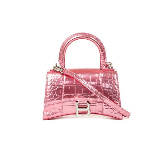 Balenciaga Metallic Croc Embossed Hourglass Xs Top Handle Pink Travel Bag