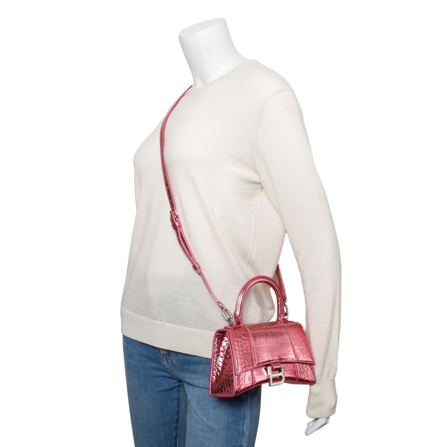 Balenciaga Metallic Croc Embossed Xs Hourglass Top Handle Pink Travel Bag