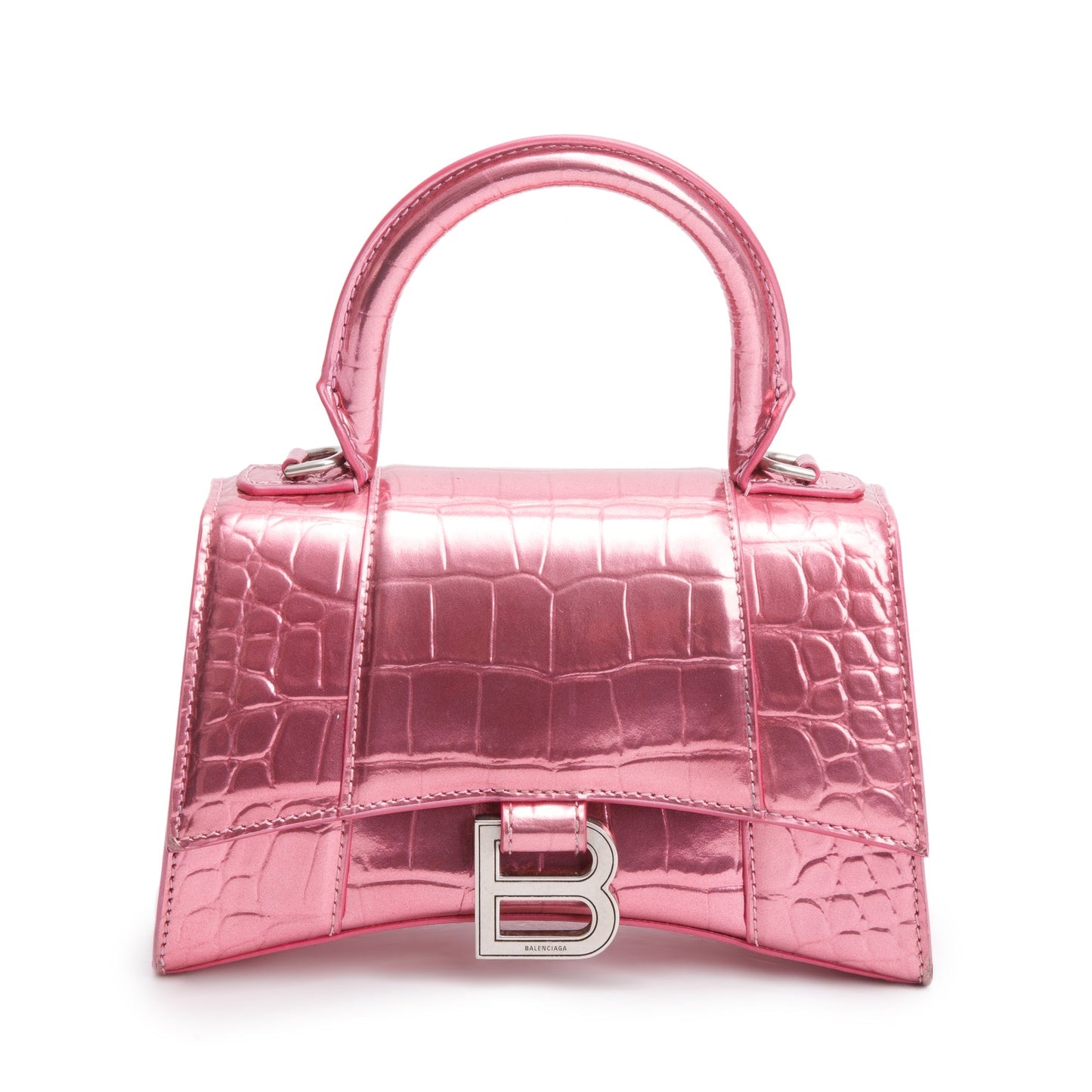 Balenciaga Metallic Croc Embossed Xs Hourglass Top Handle Pink Travel Bag