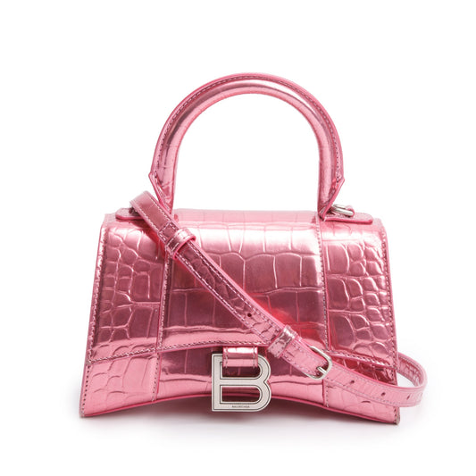 Balenciaga Metallic Croc Embossed Xs Hourglass Top Handle Pink Travel Bag